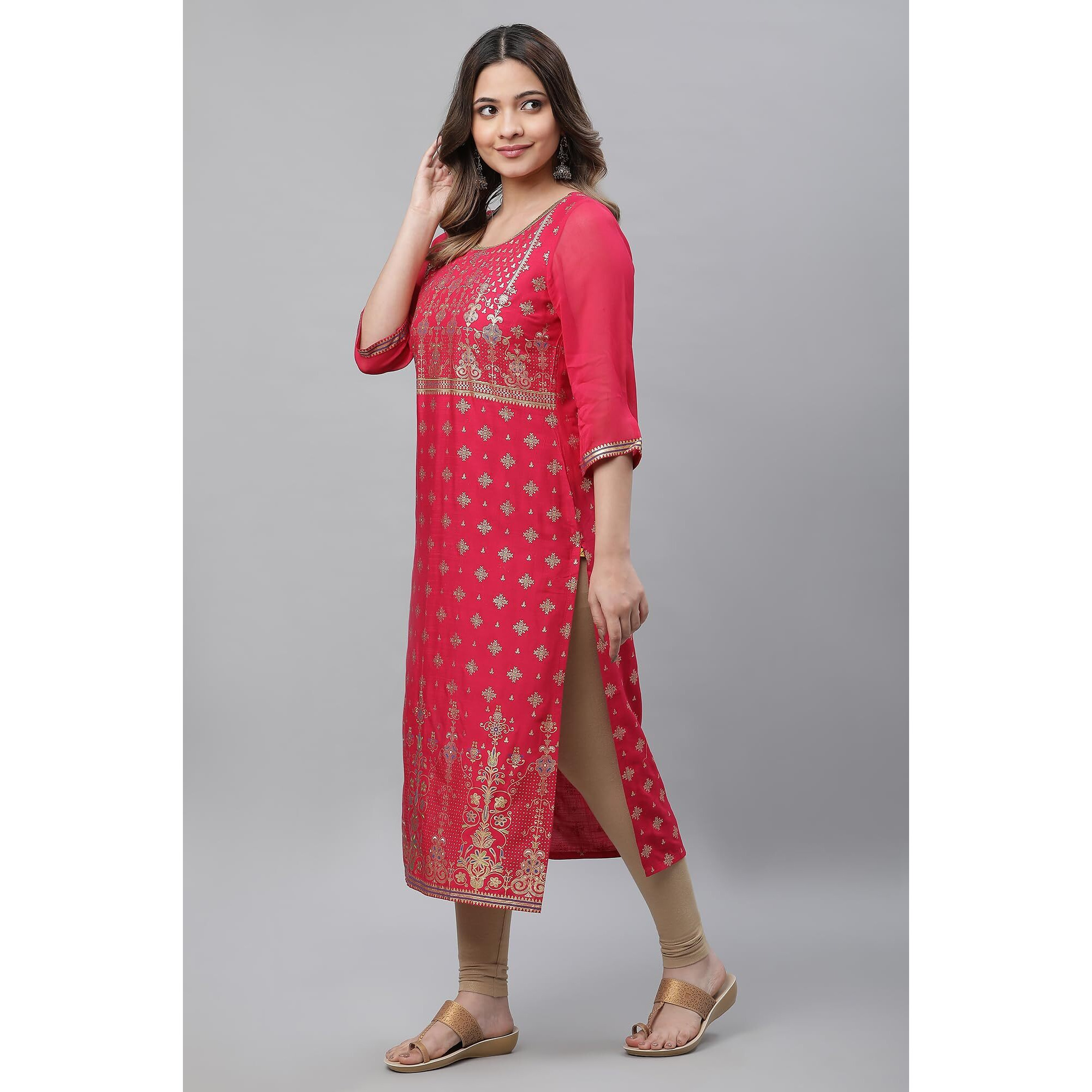 Aurelia Pink Foil Pattern Lace Straight Long Kurta