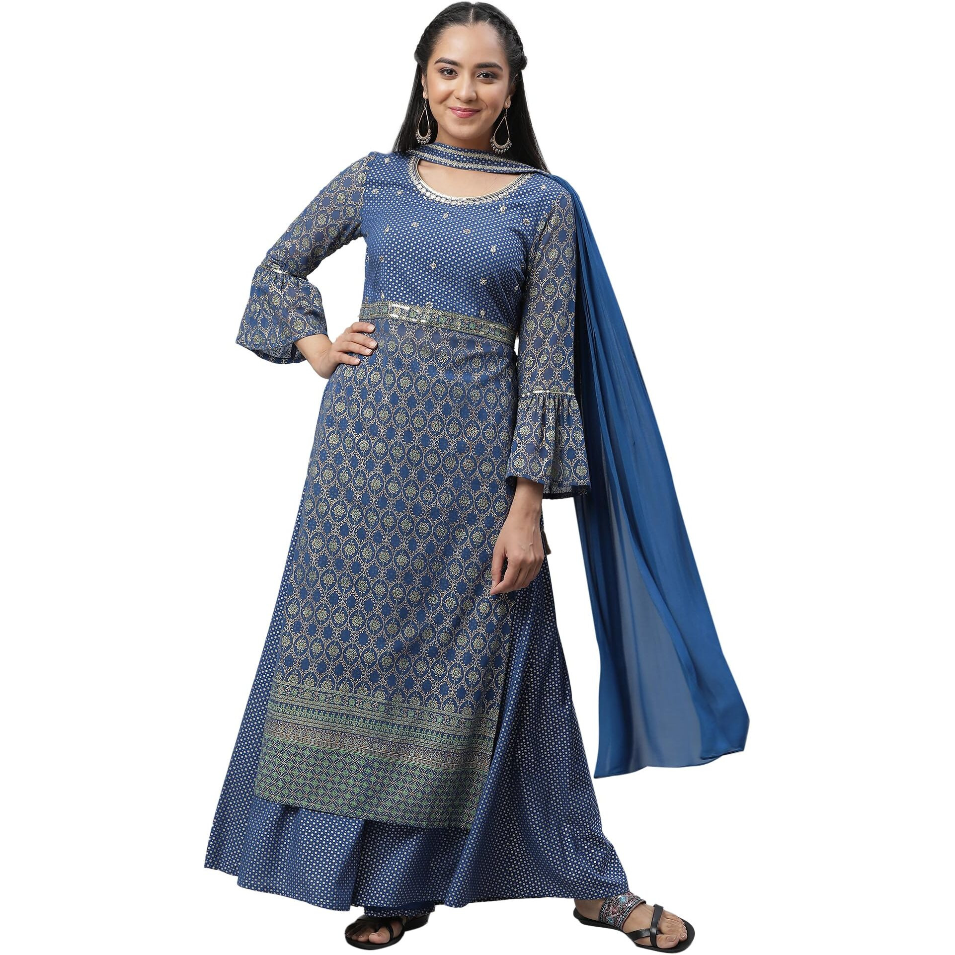 Aurelia Women Bright Blue Polyester Straight Kurta, Palazzos, Dupatta Suit Set_23Auas13830-507590