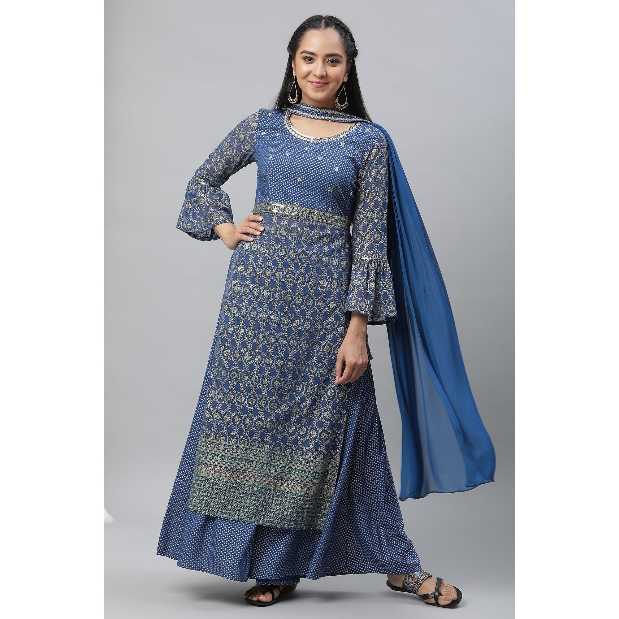 Aurelia Women Bright Blue Polyester Straight Kurta, Palazzos, Dupatta Suit Set_23Auas13830-507590