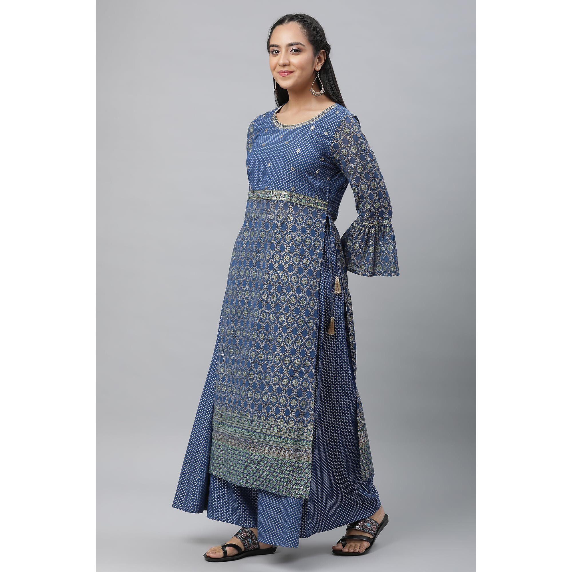 Aurelia Women Bright Blue Polyester Straight Kurta, Palazzos, Dupatta Suit Set_23Auas13830-507590
