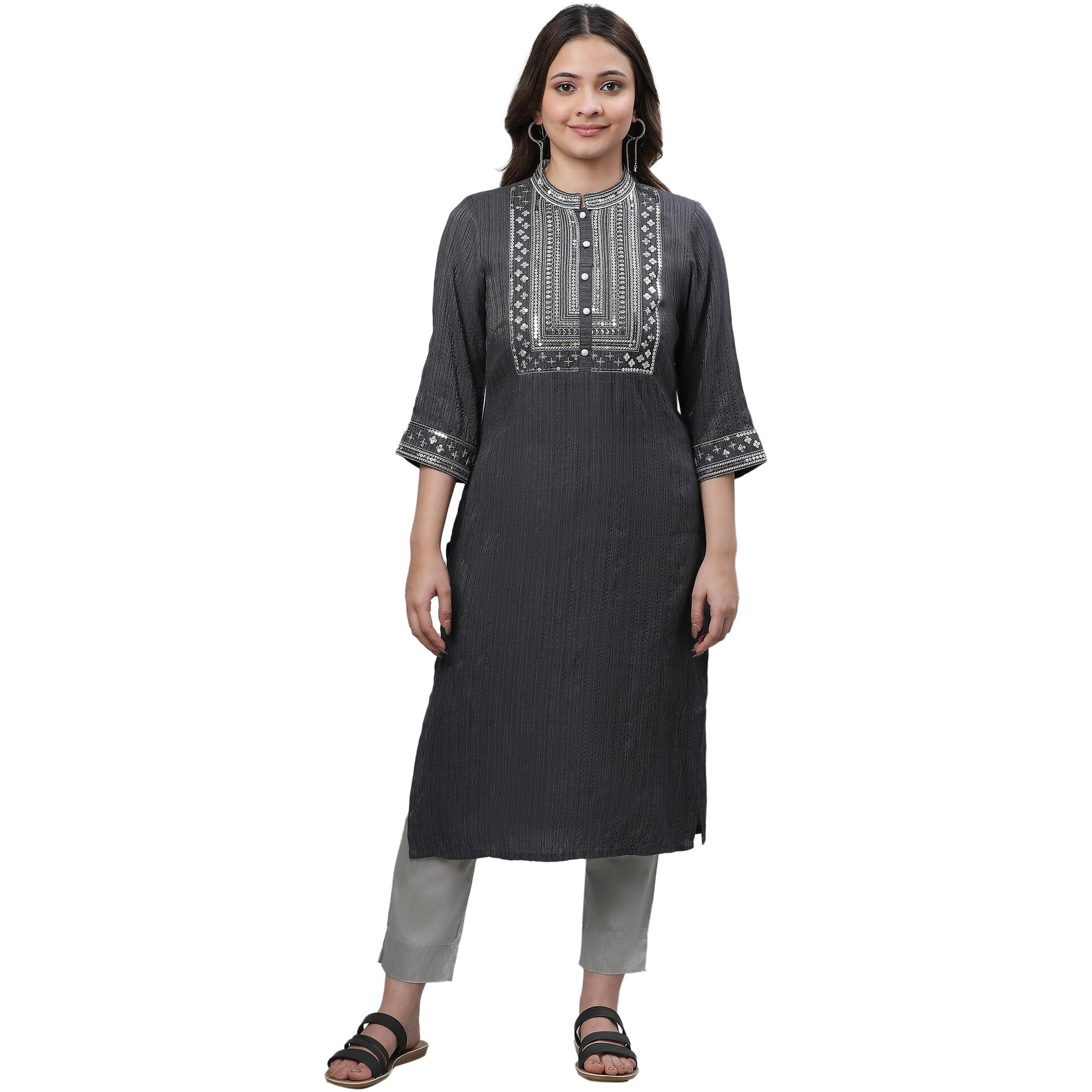 Aurelia Women's Grey Embellished Lurex Stripes Kurta