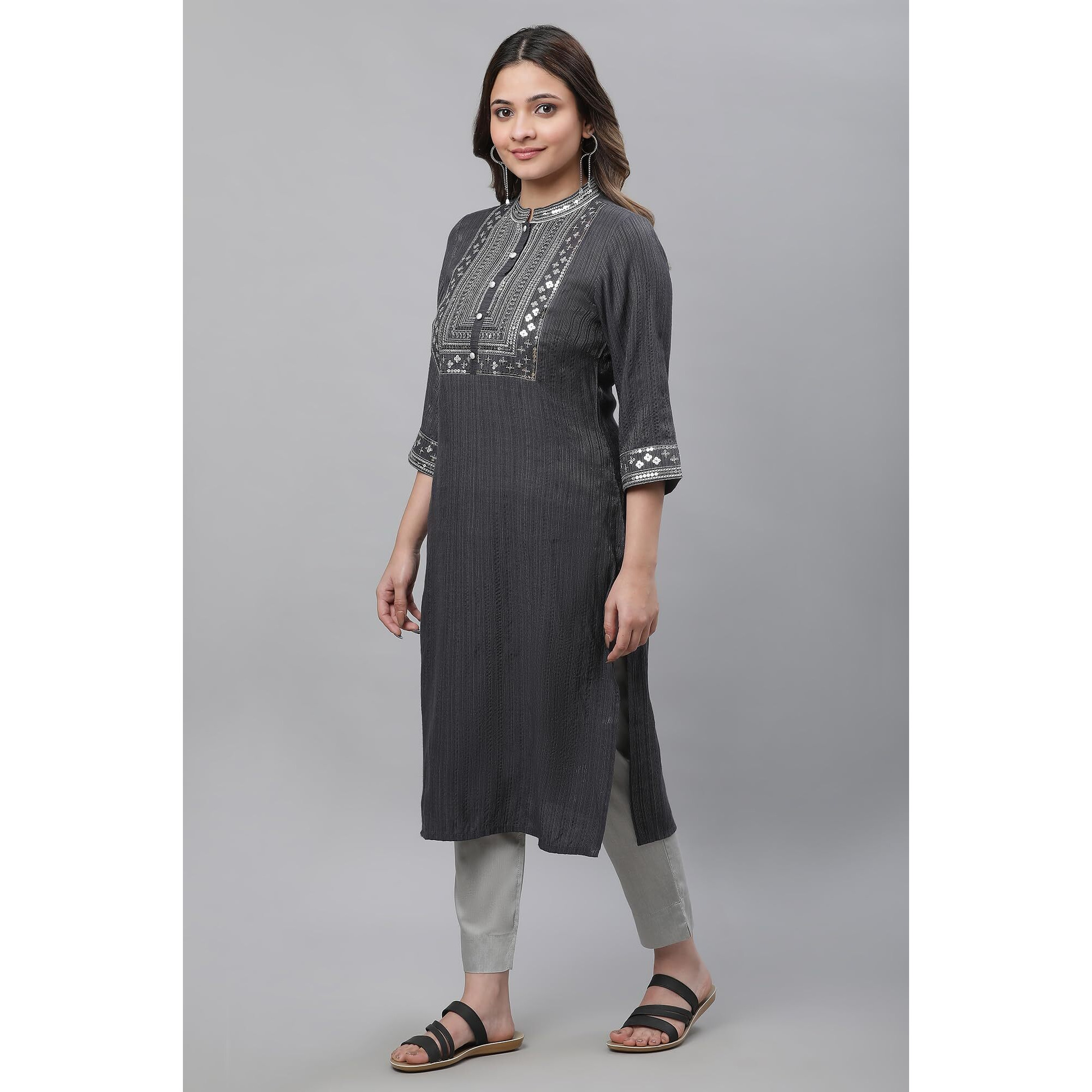 Aurelia Women's Grey Embellished Lurex Stripes Kurta