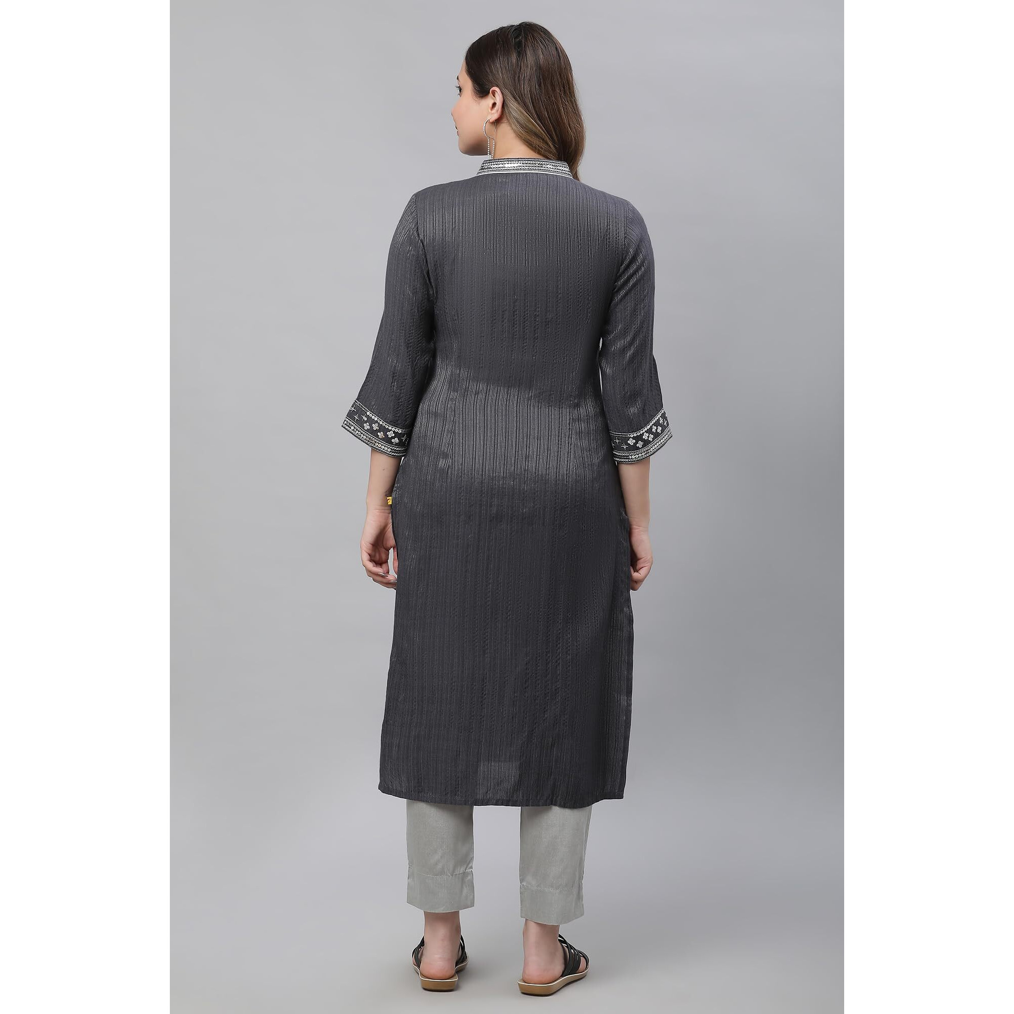 Aurelia Women's Grey Embellished Lurex Stripes Kurta