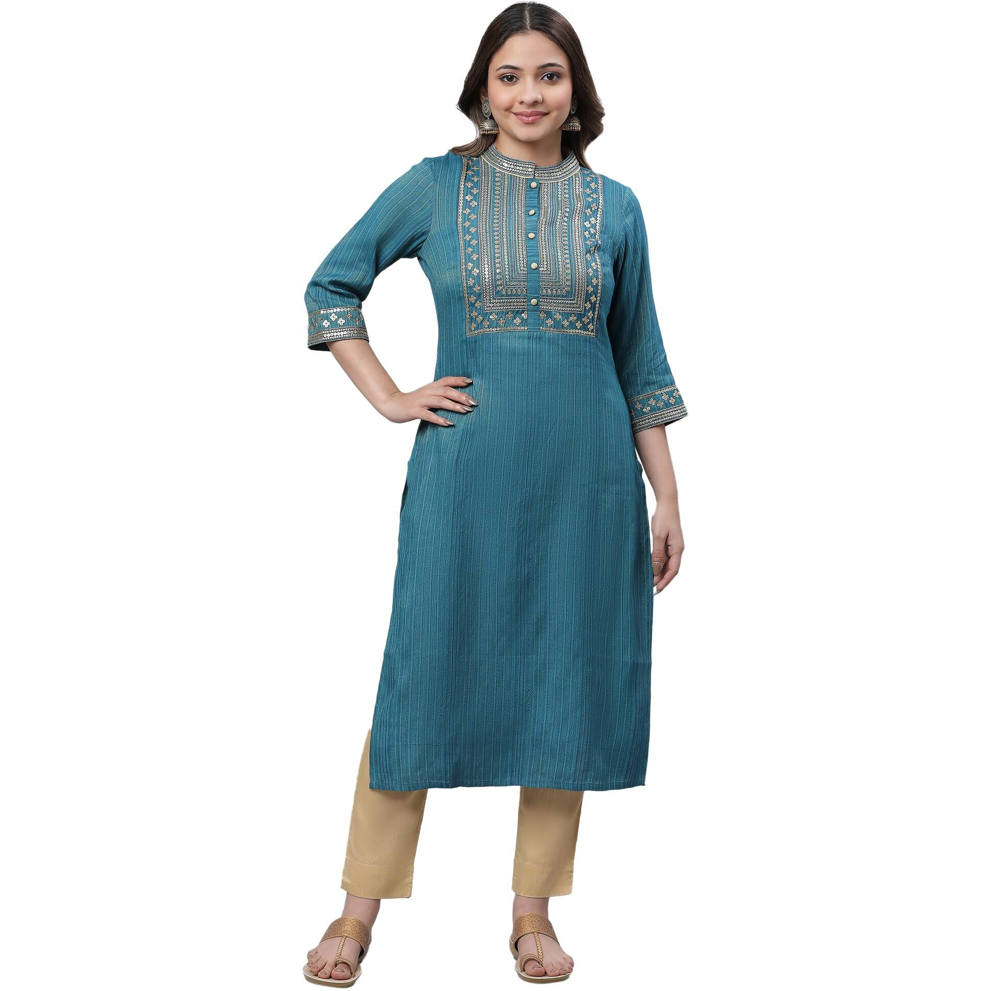 Aurelia Women's Blue Embellished Lurex Stripes Kurta