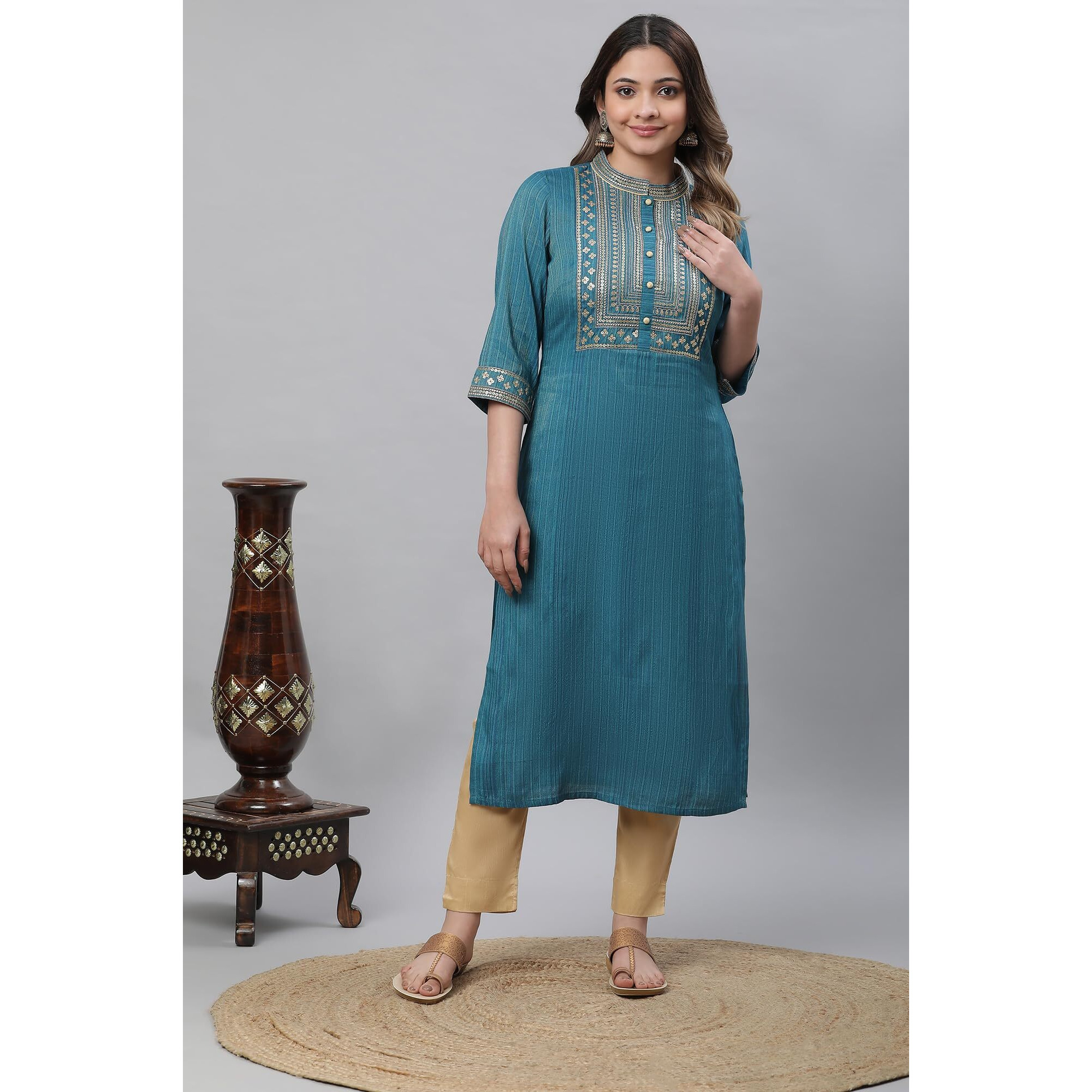 Aurelia Women's Blue Embellished Lurex Stripes Kurta