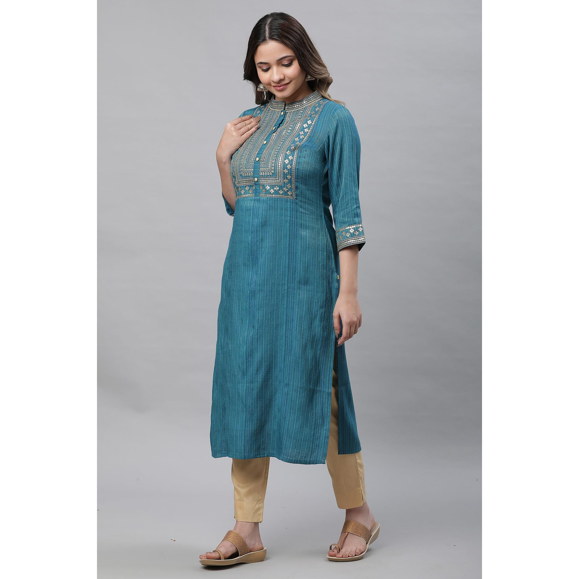 Aurelia Women's Blue Embellished Lurex Stripes Kurta
