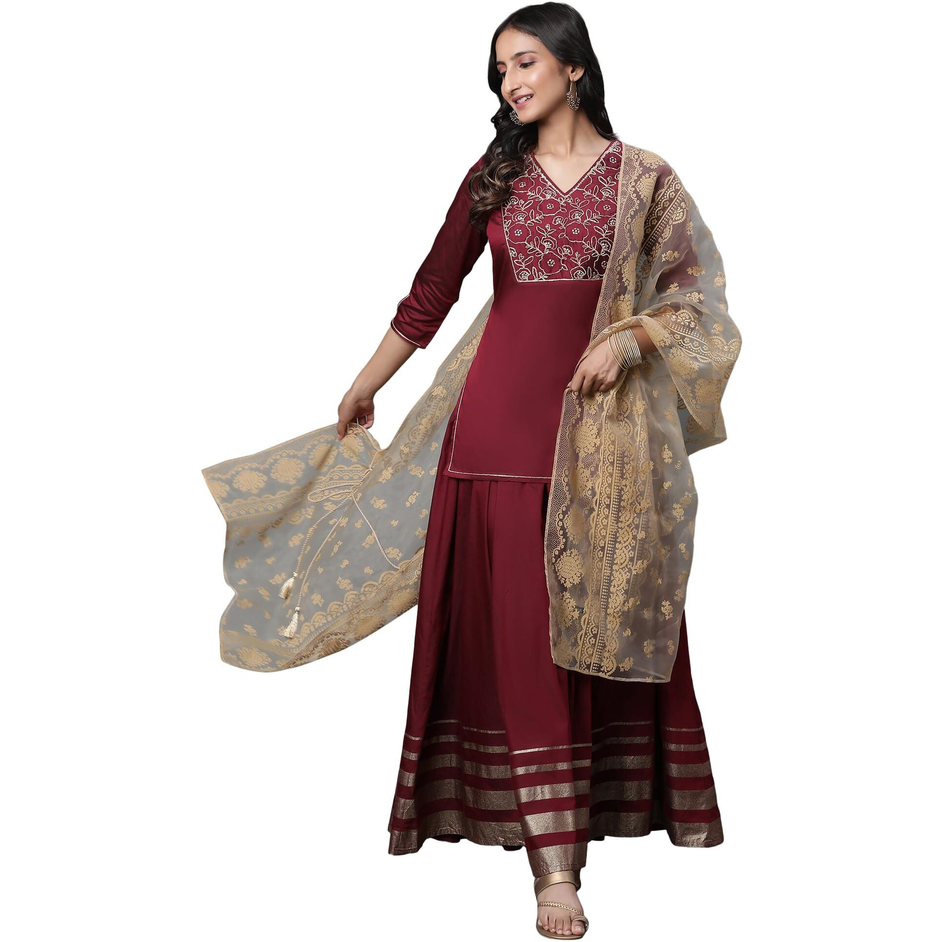 Aurelia Embroidered Maroon Blend Dori Kurta Dupatta Bottomwear