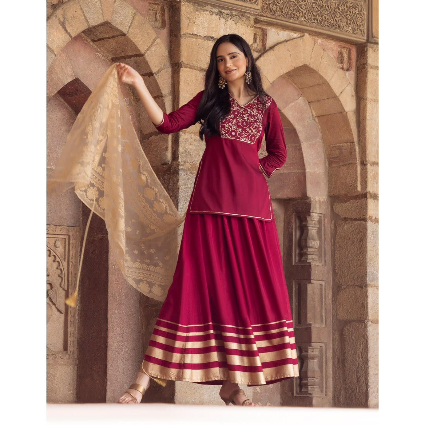 Aurelia Embroidered Maroon Blend Dori Kurta Dupatta Bottomwear