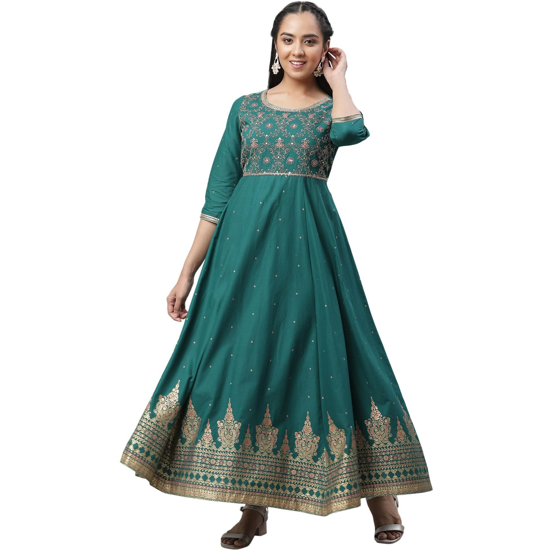 Aurelia Green Ethnic Motif Cotton Anarkali Kurta With Zari