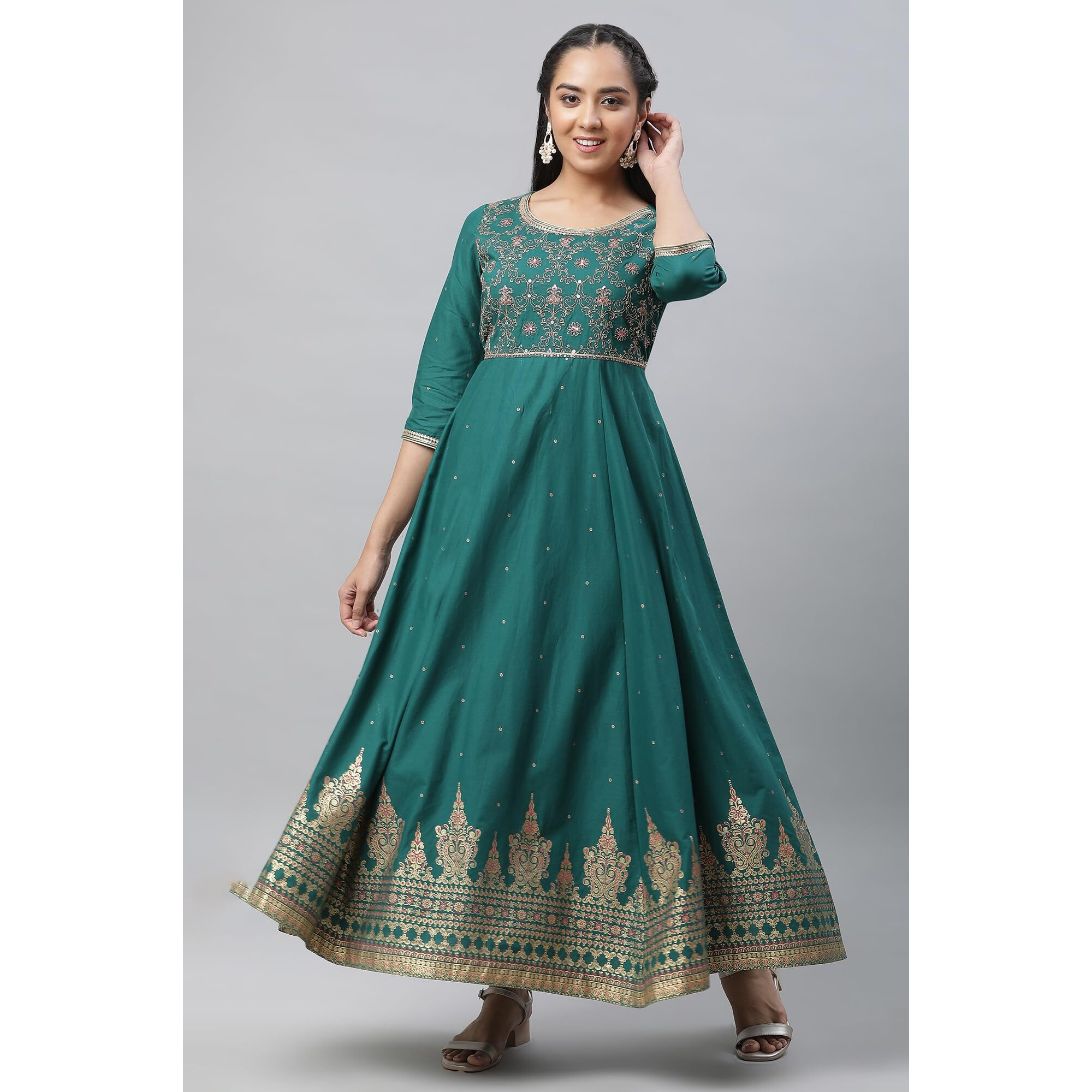 Aurelia Green Ethnic Motif Cotton Anarkali Kurta With Zari