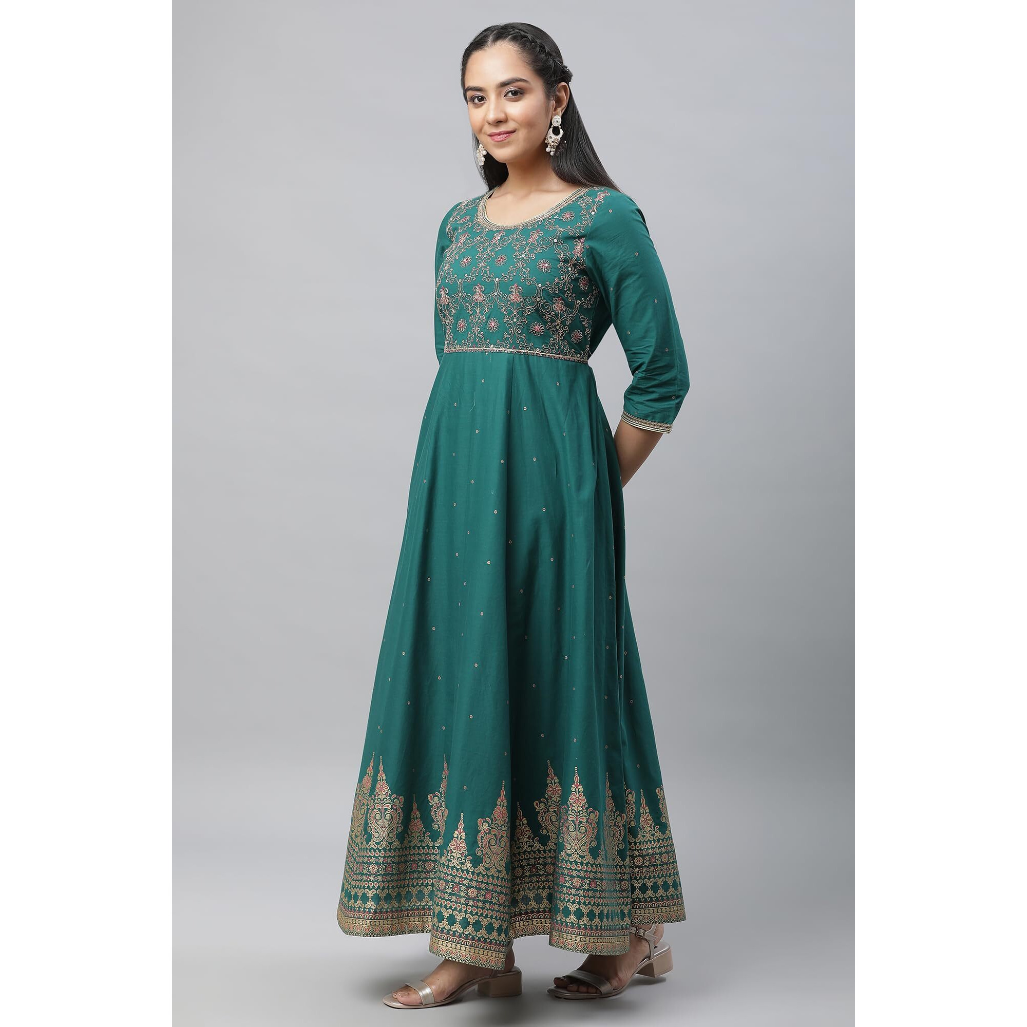 Aurelia Green Ethnic Motif Cotton Anarkali Kurta With Zari