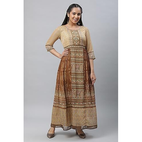 Aurelia Women's Porcini Ornamental Print Poly Georgette Lurex Aline Dress_23Aud10586-507110_Xl Brown