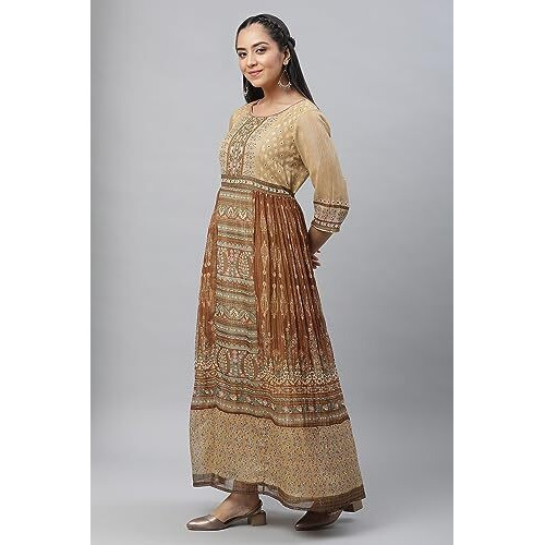 Aurelia Women's Porcini Ornamental Print Poly Georgette Lurex Aline Dress_23Aud10586-507110_Xl Brown