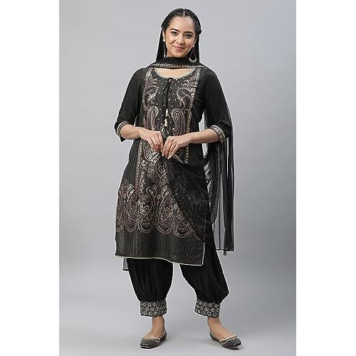 Aurelia Women's Polyester Kurta-Salwar-Dupatta (23Aud10599-507121_Black