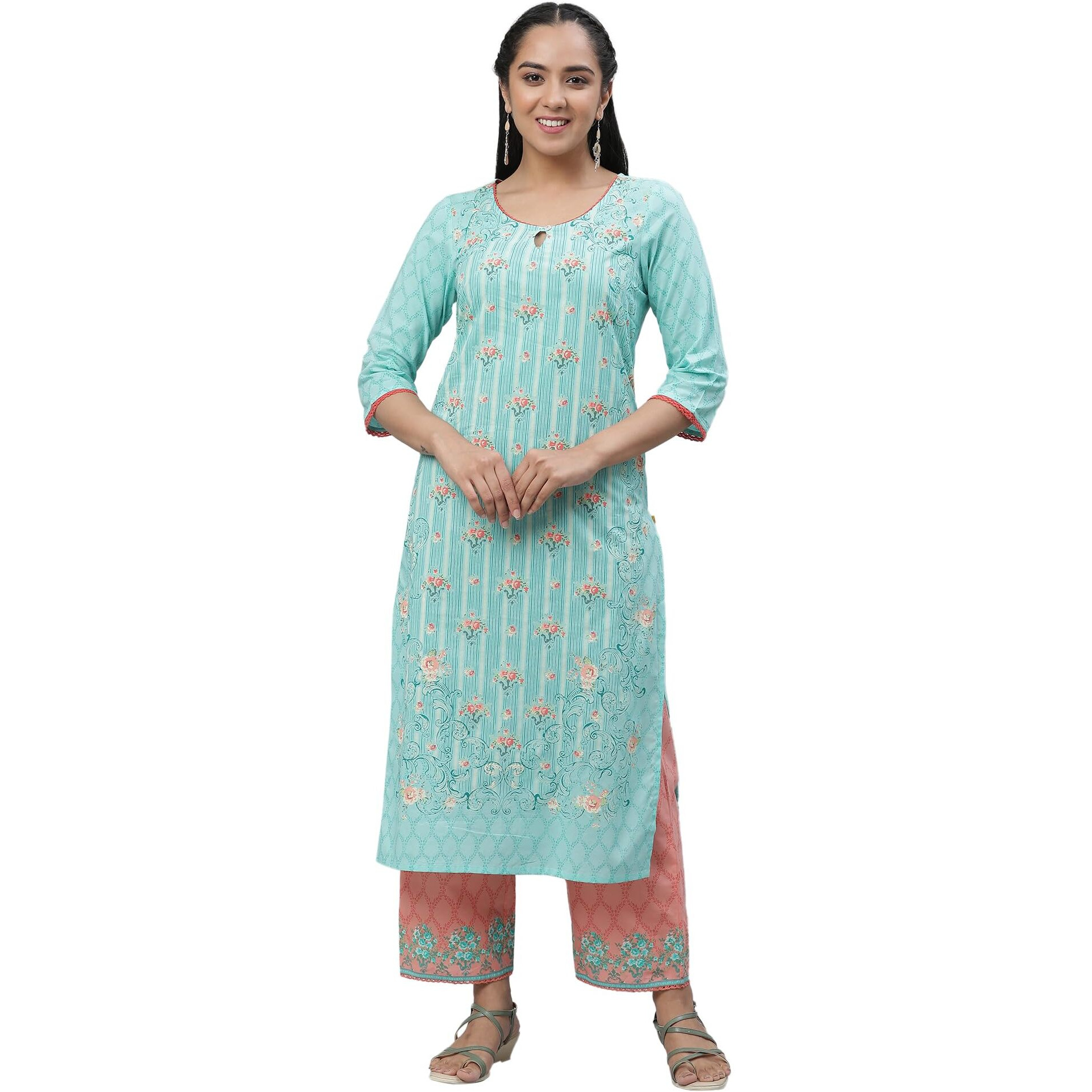 Aurelia Blue Floral Printed Printed Cotton Straight Long Kurta With Lace