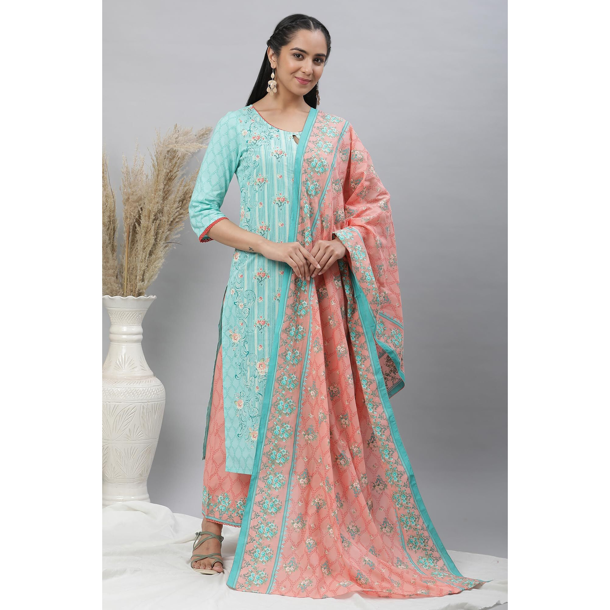 Aurelia Blue Floral Printed Printed Cotton Straight Long Kurta With Lace
