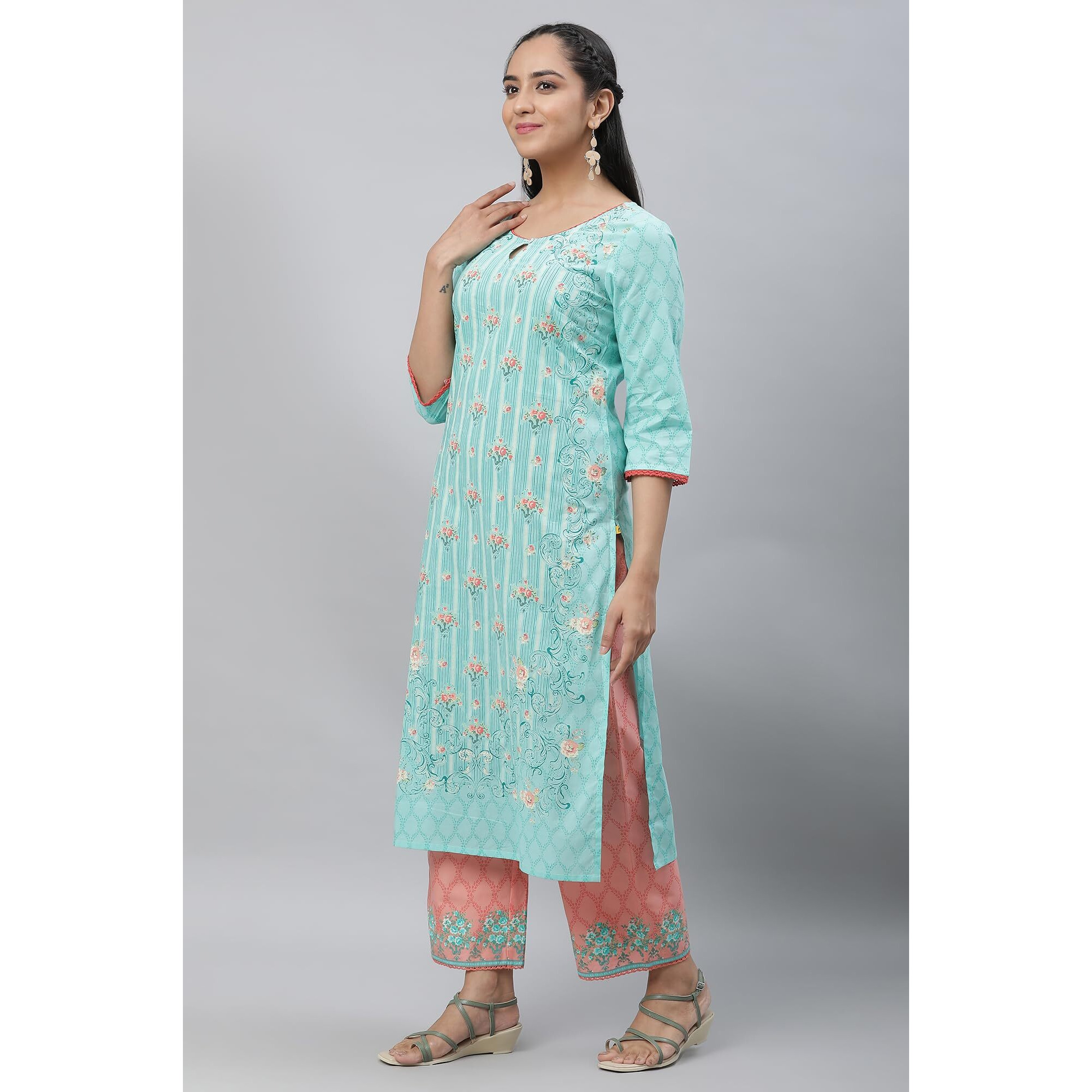 Aurelia Blue Floral Printed Printed Cotton Straight Long Kurta With Lace