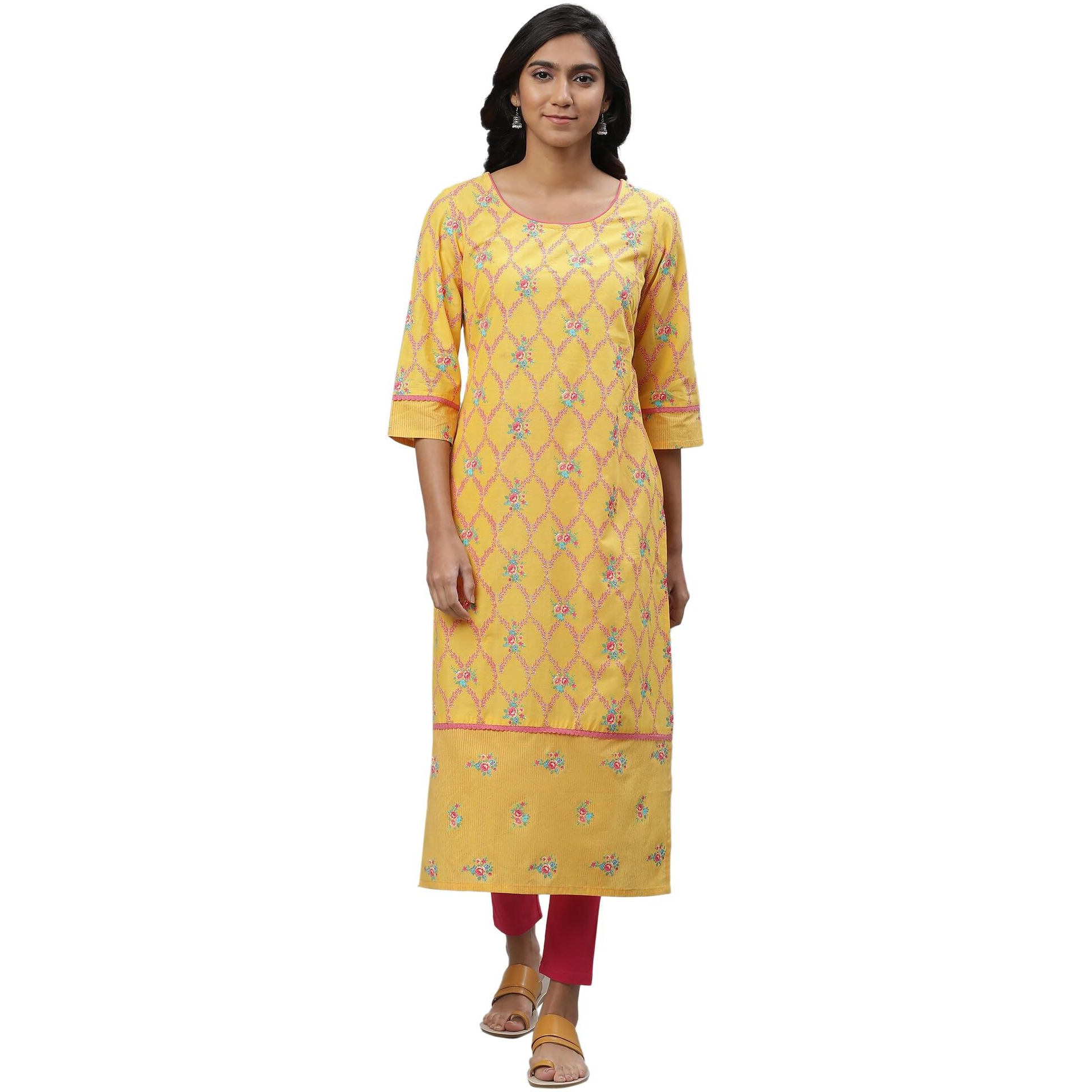 Aurelia Yellow Floral Printed Printed Cotton Lace Straight Long Kurta
