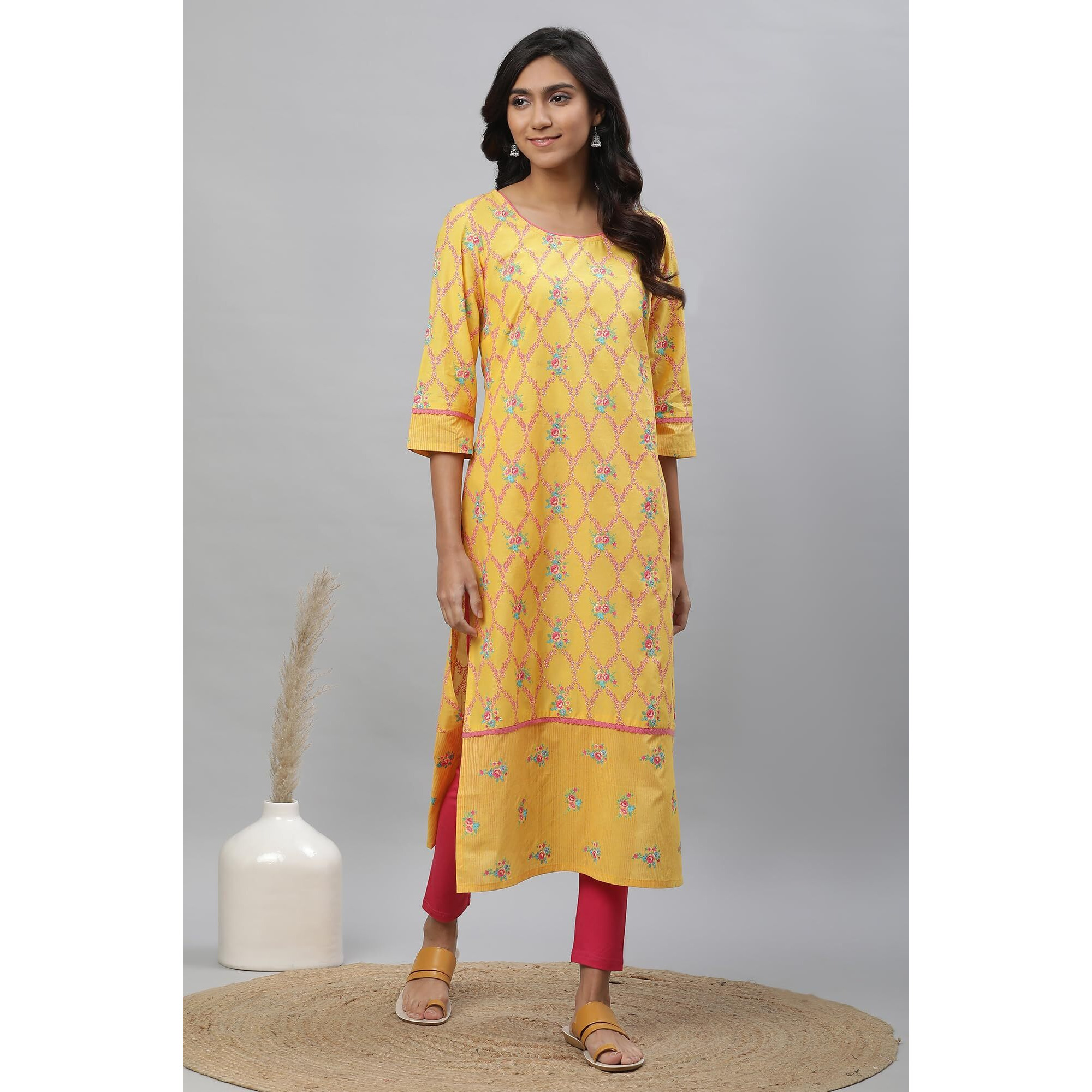 Aurelia Yellow Floral Printed Printed Cotton Lace Straight Long Kurta