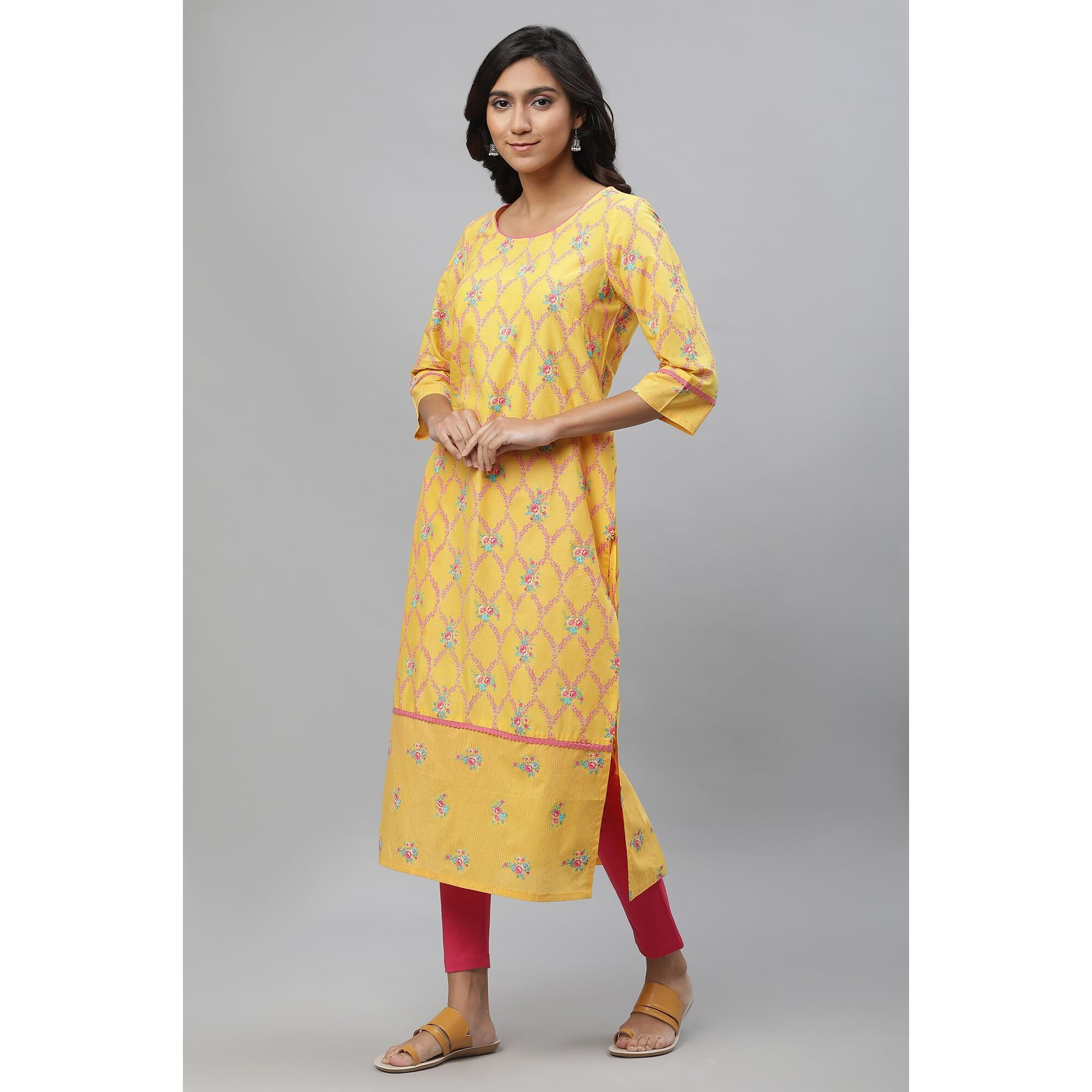 Aurelia Yellow Floral Printed Printed Cotton Lace Straight Long Kurta