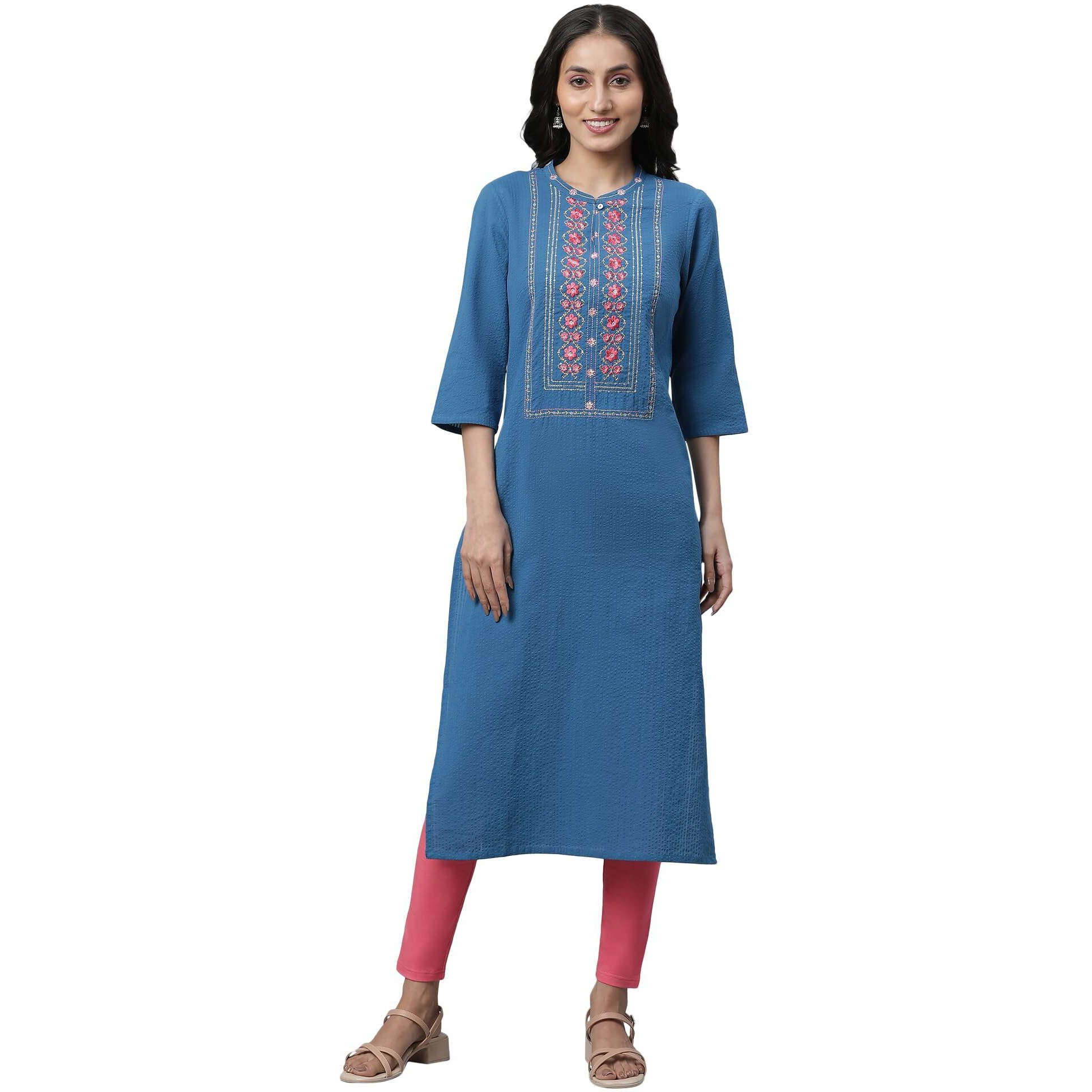 Aurelia Women's Blue Floral Printed Printed Thread Work Cotton-Rayon Straight Long Kurta