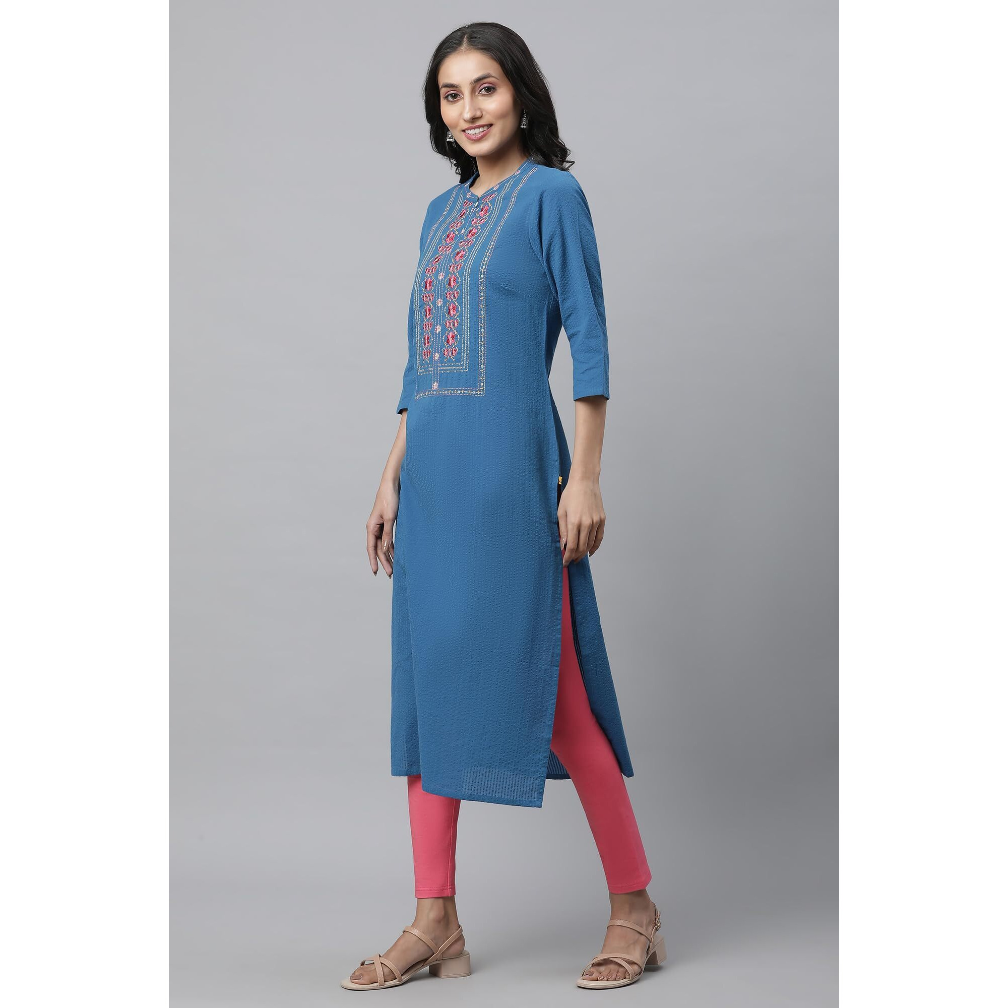 Aurelia Women's Blue Floral Printed Printed Thread Work Cotton-Rayon Straight Long Kurta