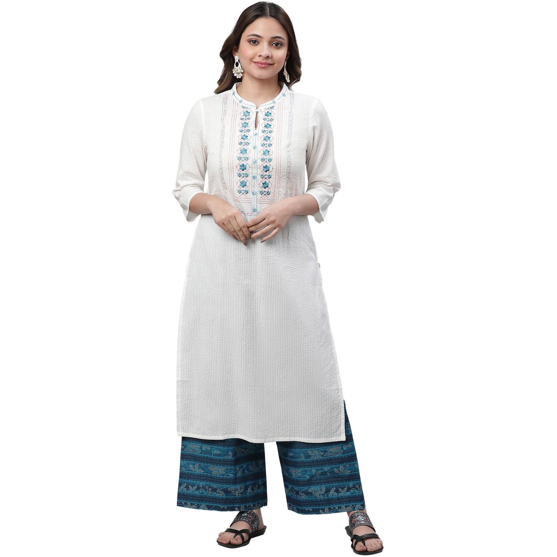 Aurelia White Floral Printed Printed Cotton-Rayon Blend Straight Long Kurta