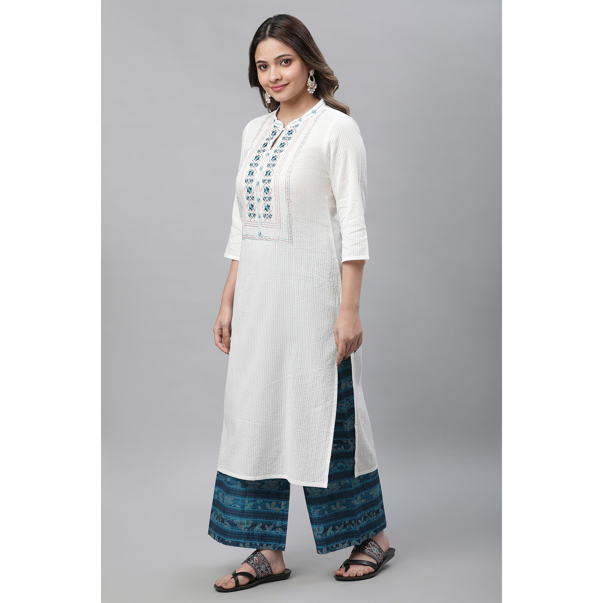 Aurelia White Floral Printed Printed Cotton-Rayon Blend Straight Long Kurta