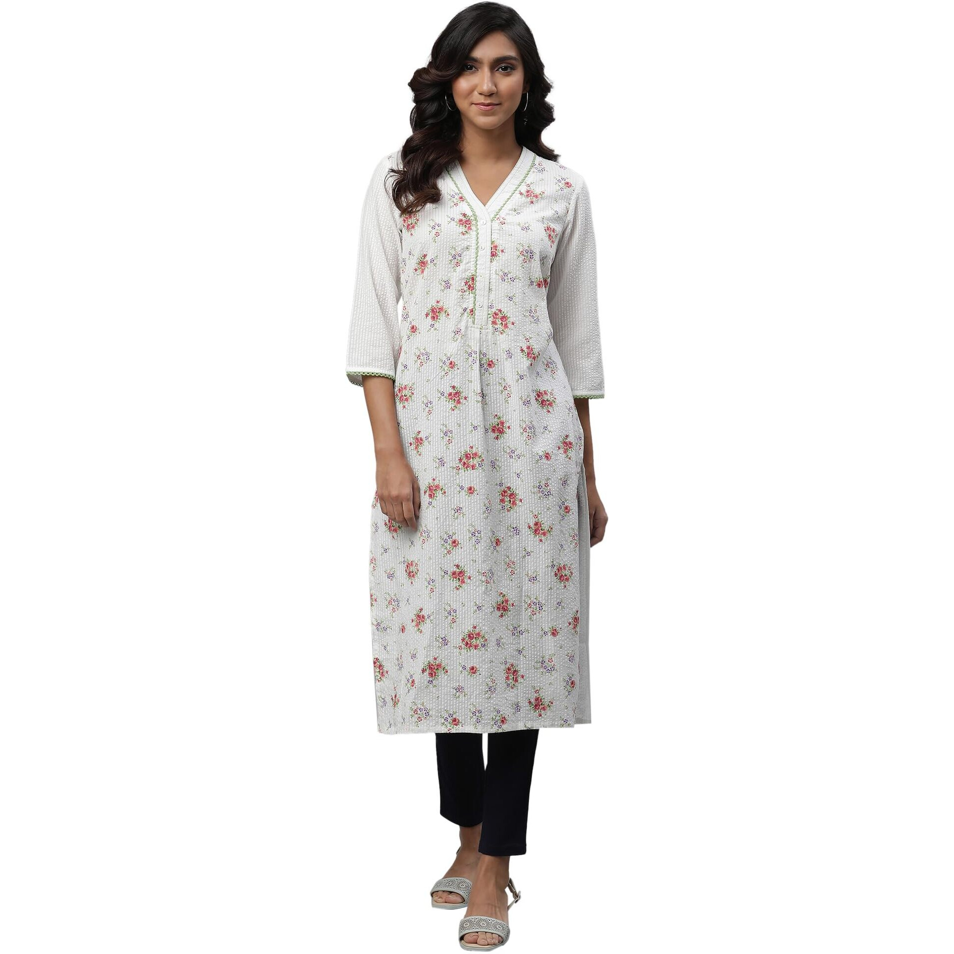 Aurelia Women's White Floral Printed Cotton Blend Straight Kurta_23Aua14493-507455_S