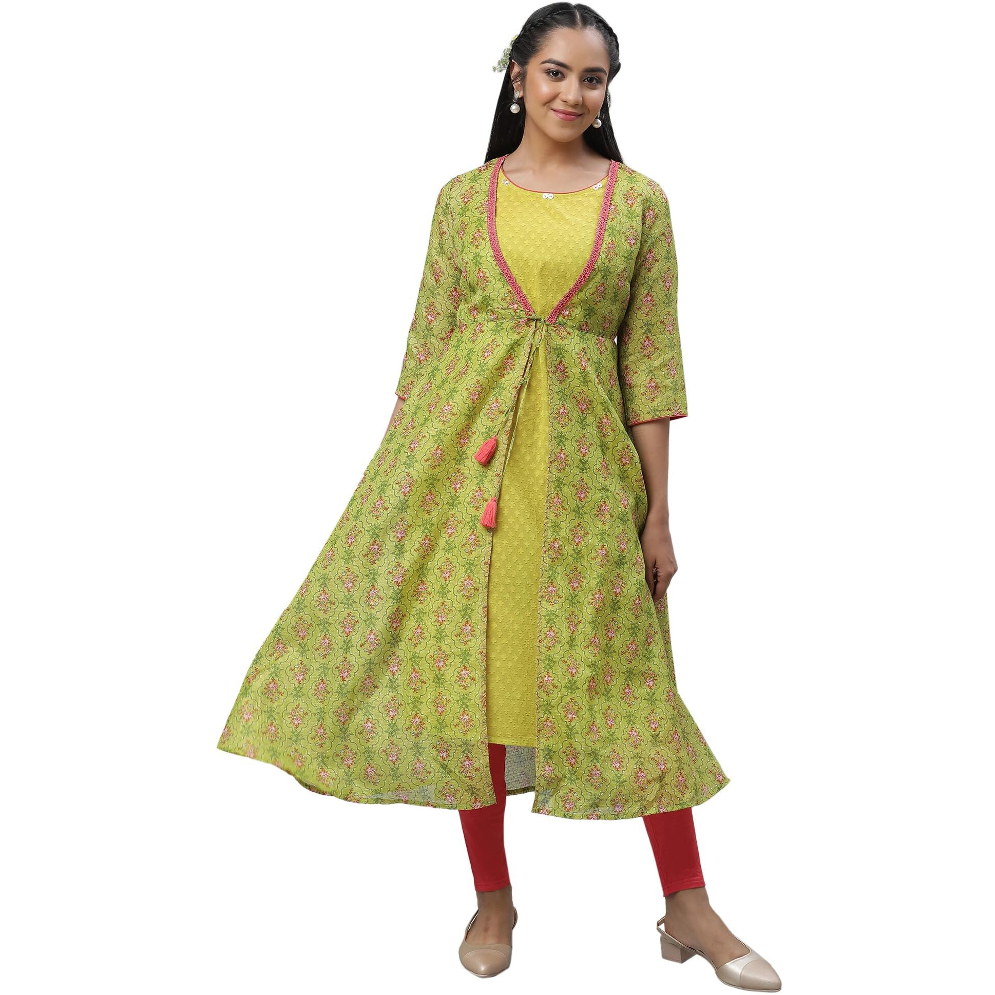 Aurelia Women's Green Kota Gilet, Textured Kurta & Tights Set