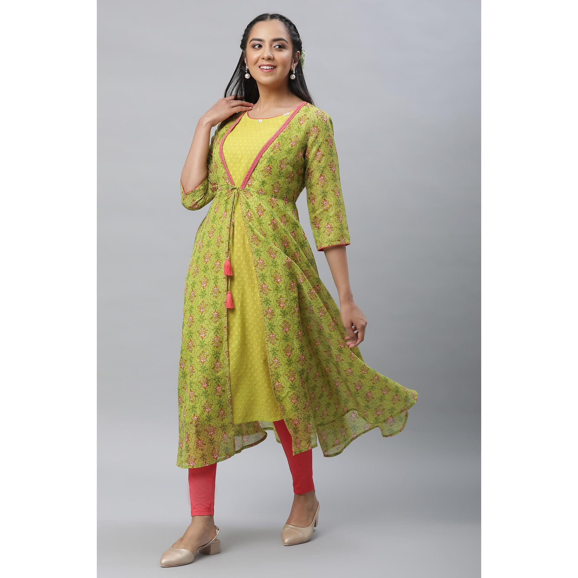 Aurelia Women's Green Kota Gilet, Textured Kurta & Tights Set