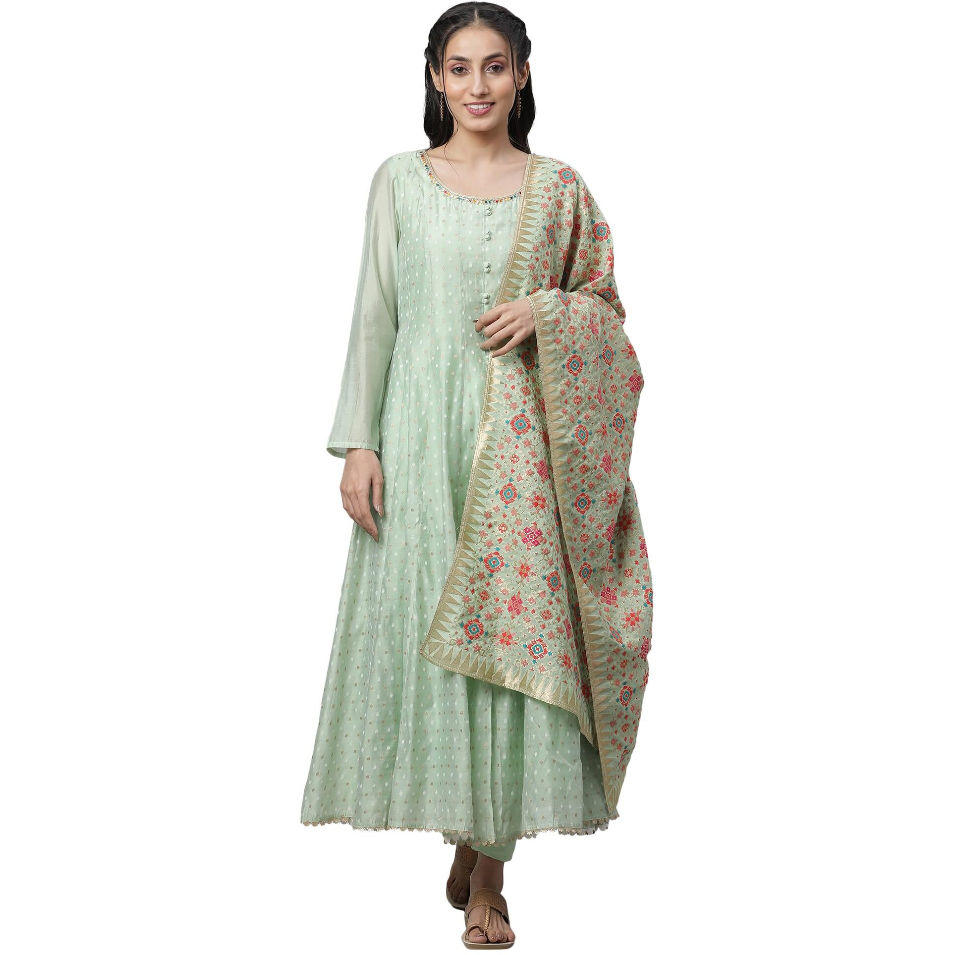 Aurelia Geometric Printed Green Blend Zari Tape Kurta Dupatta Bottomwear