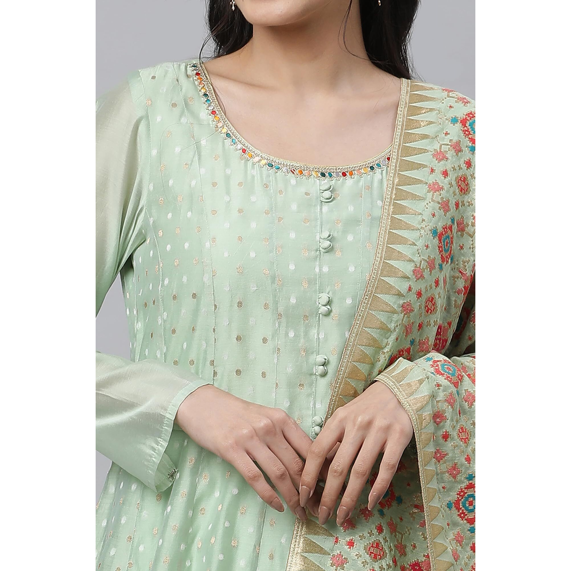 Aurelia Geometric Printed Green Blend Zari Tape Kurta Dupatta Bottomwear
