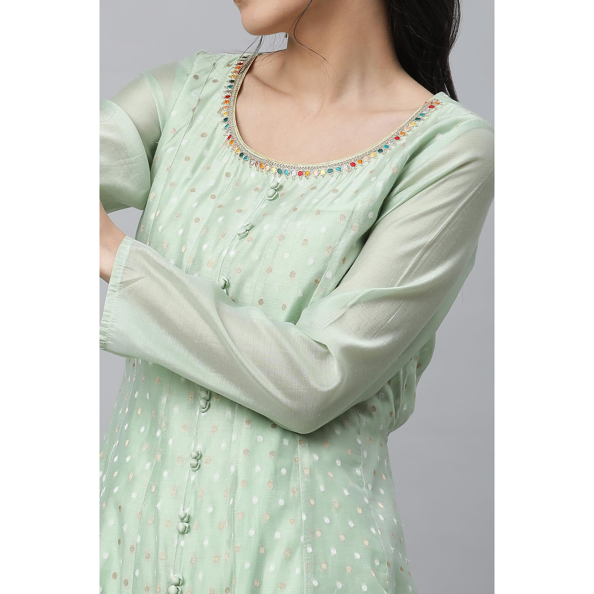 Aurelia Geometric Printed Green Blend Zari Tape Kurta Dupatta Bottomwear