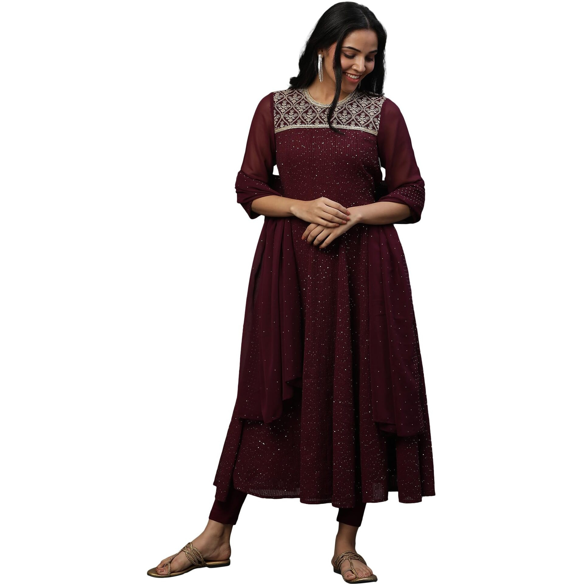 Aurelia Womens Ornamental Printed Zari Embriodery Straight Kurta | Round Neck Kurta For Women | Ornamental Printed Kurta For Women | Beautiful Regular Fit Kurta For Women Purple