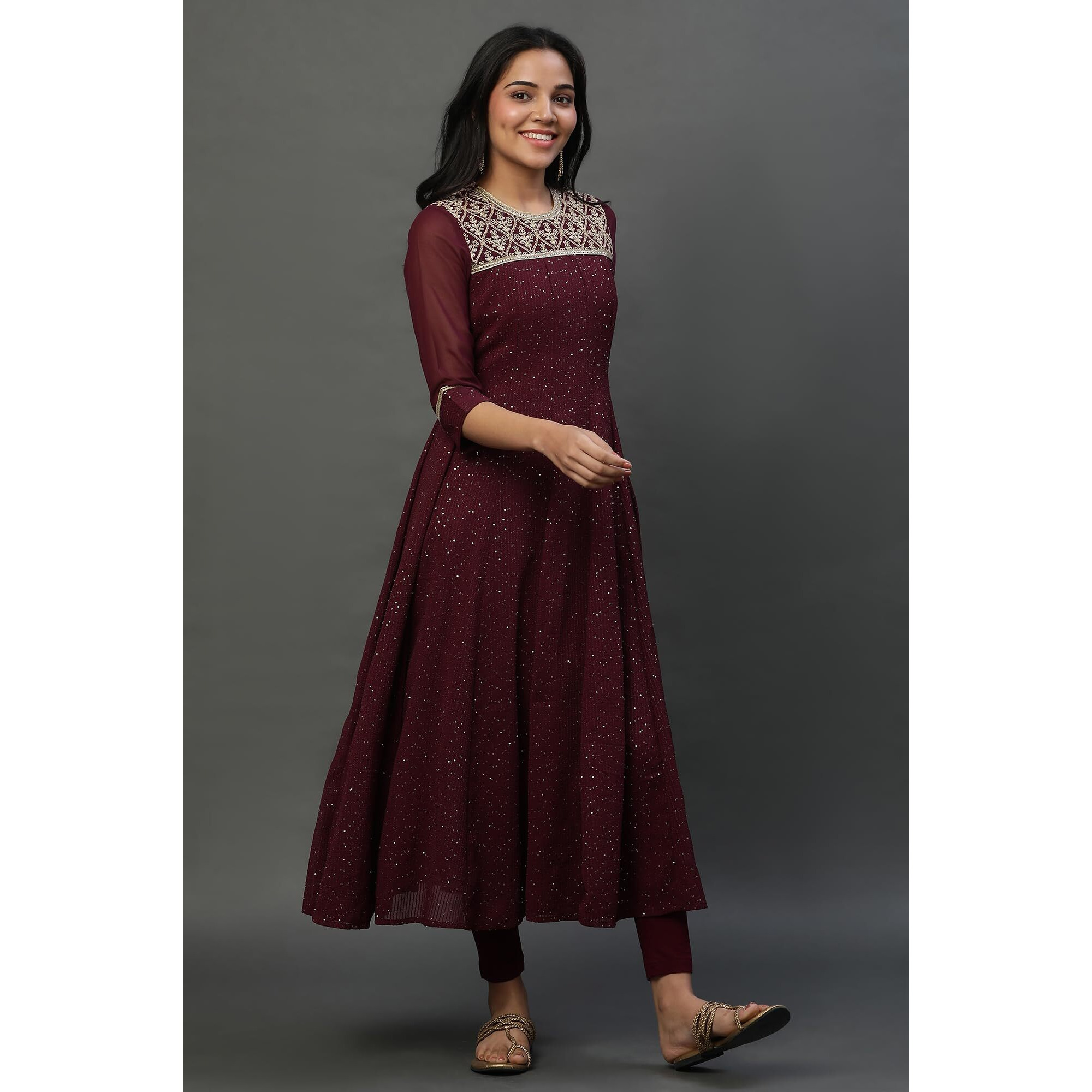 Aurelia Womens Ornamental Printed Zari Embriodery Straight Kurta | Round Neck Kurta For Women | Ornamental Printed Kurta For Women | Beautiful Regular Fit Kurta For Women Purple