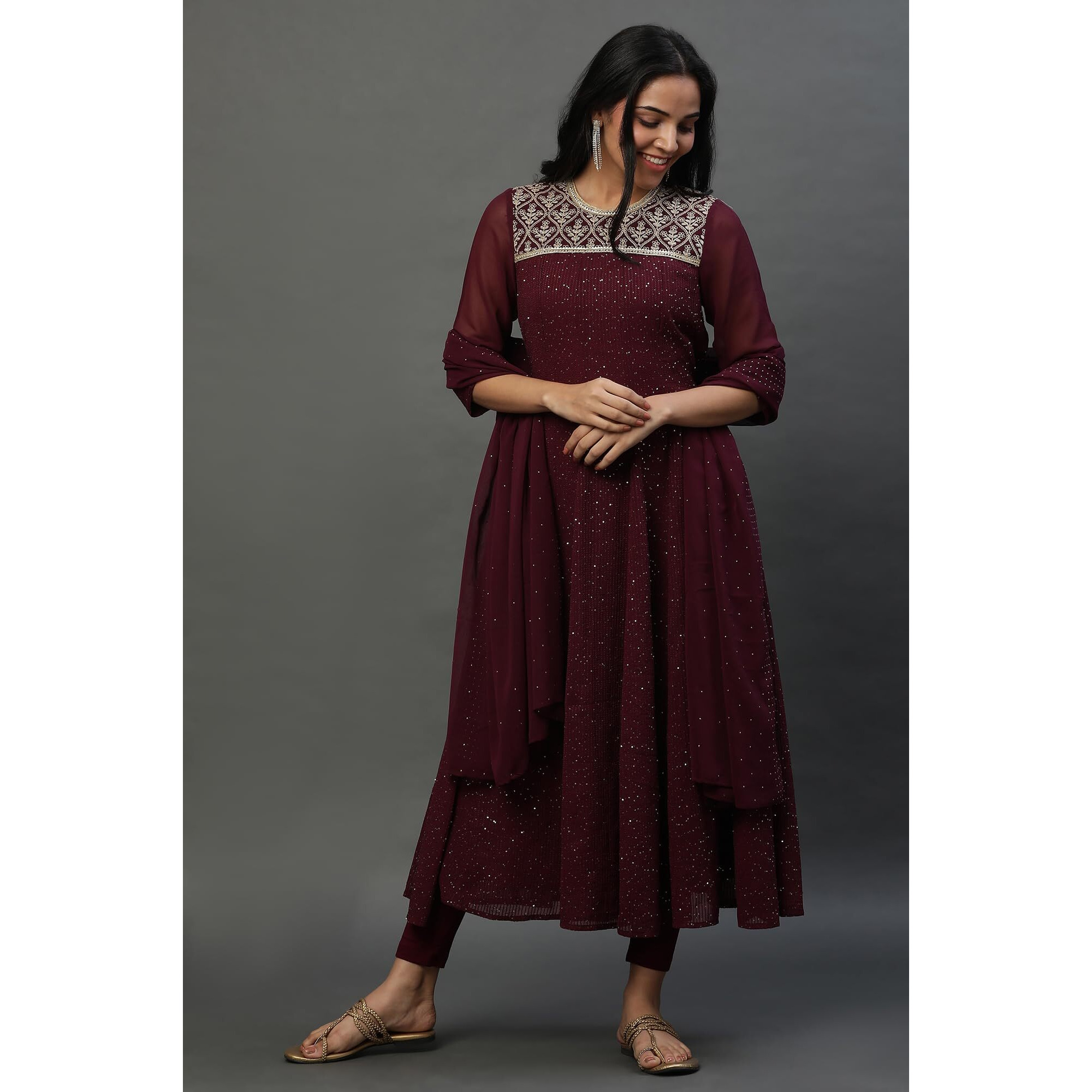 Aurelia Womens Ornamental Printed Zari Embriodery Straight Kurta | Round Neck Kurta For Women | Ornamental Printed Kurta For Women | Beautiful Regular Fit Kurta For Women Purple