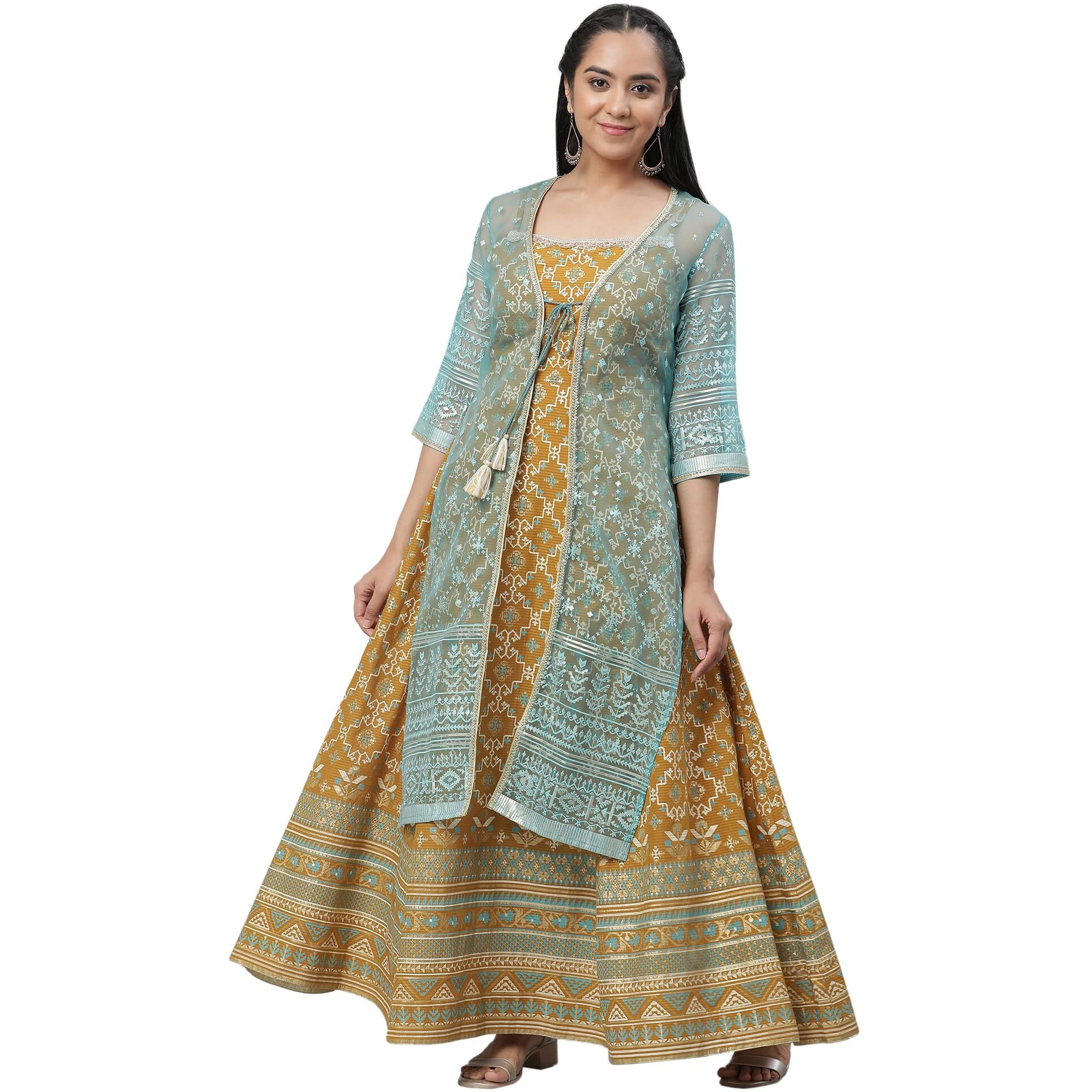 Aurelia Women's Blue Brasso Sheer Embellished Gilet And Dress Set_23Aud14568-506318_Xl