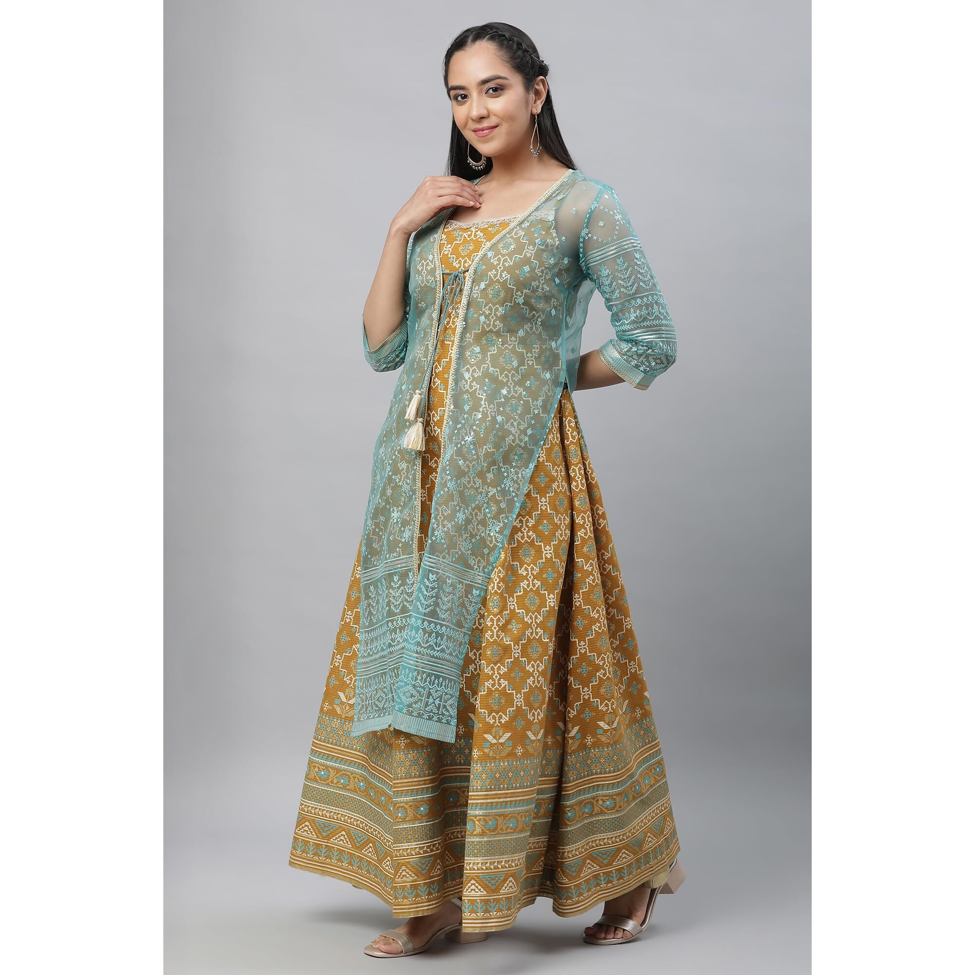 Aurelia Women's Blue Brasso Sheer Embellished Gilet And Dress Set_23Aud14568-506318_Xl