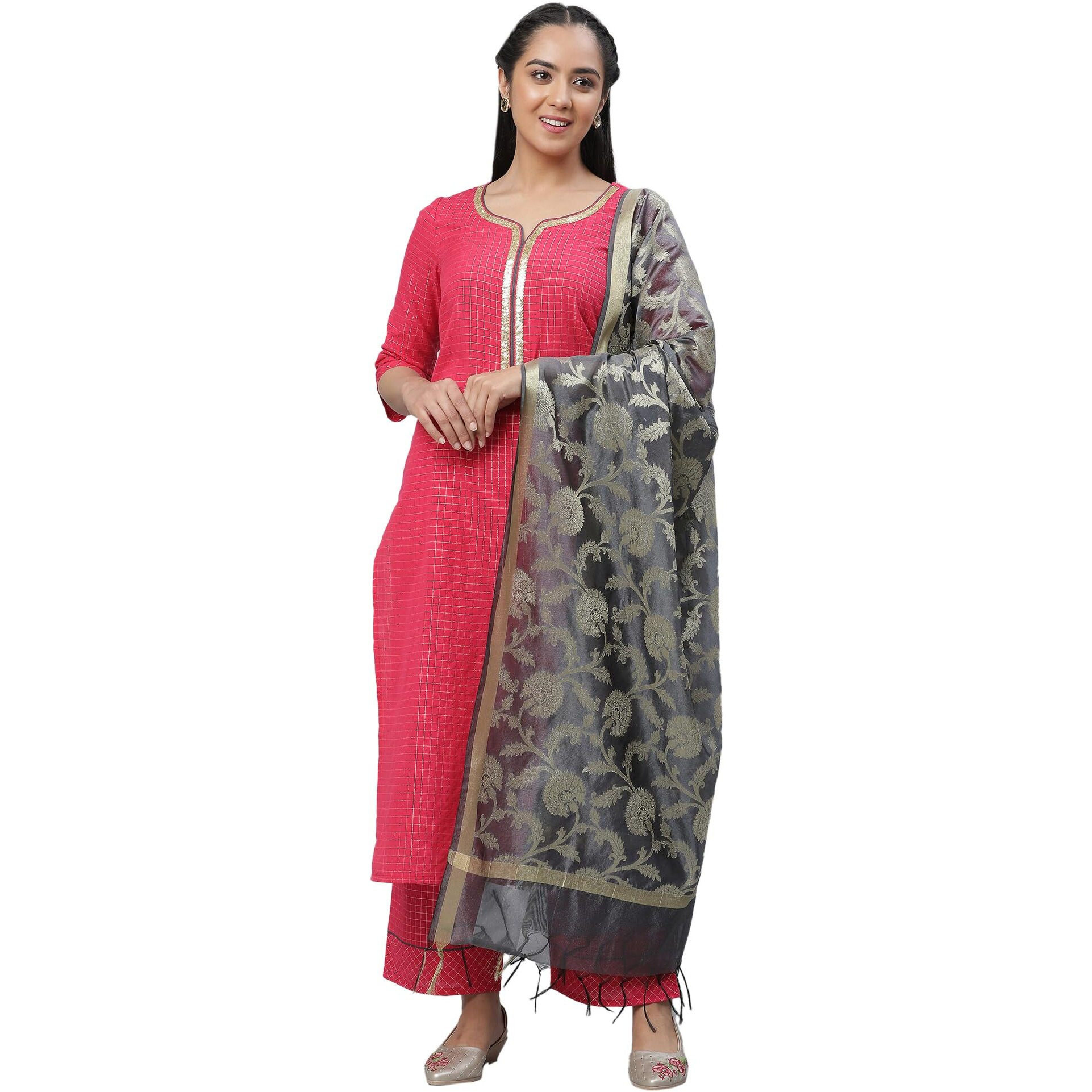 Aurelia Pink Checked Cotton Lace Kurta Dupatta Bottomwear Set