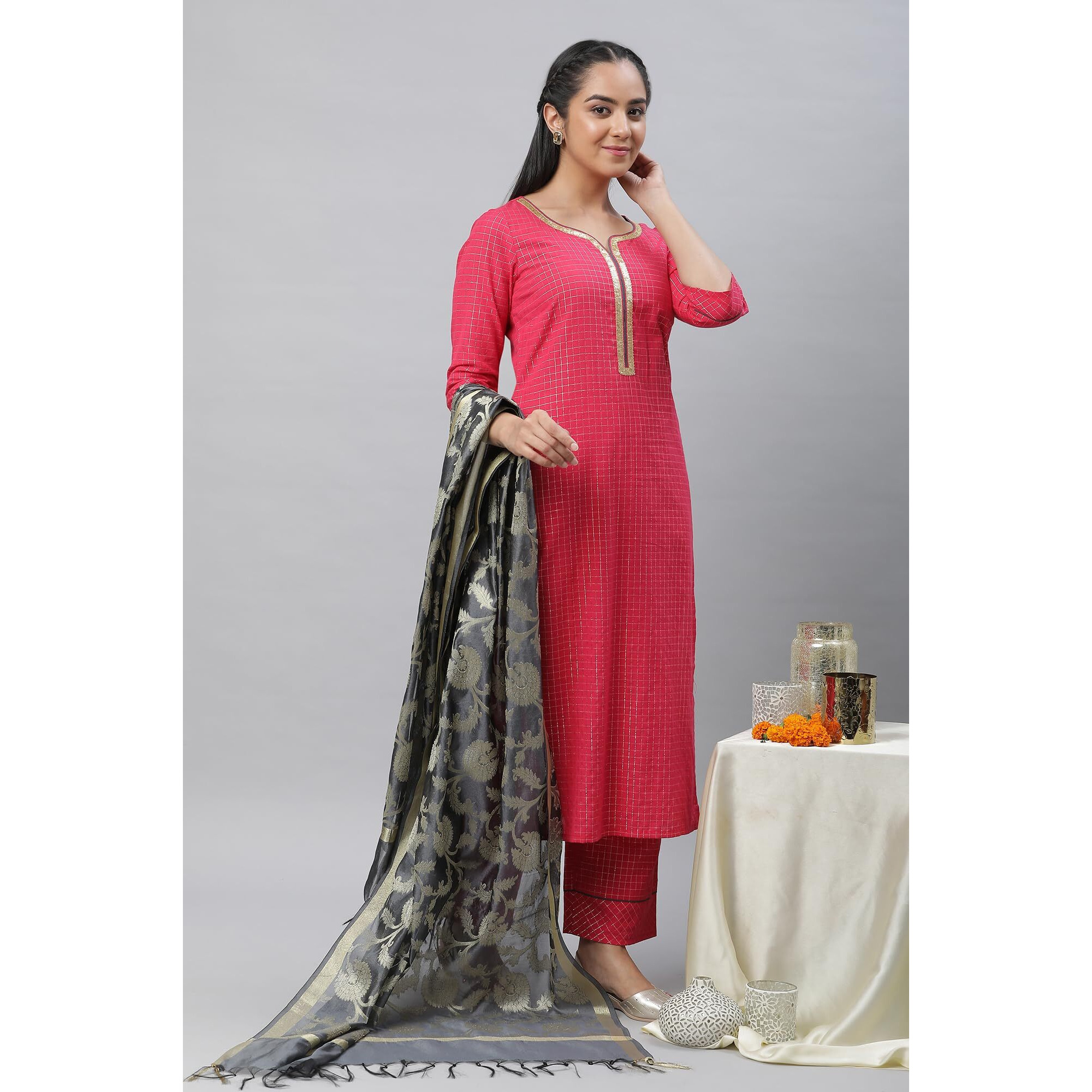 Aurelia Pink Checked Cotton Lace Kurta Dupatta Bottomwear Set