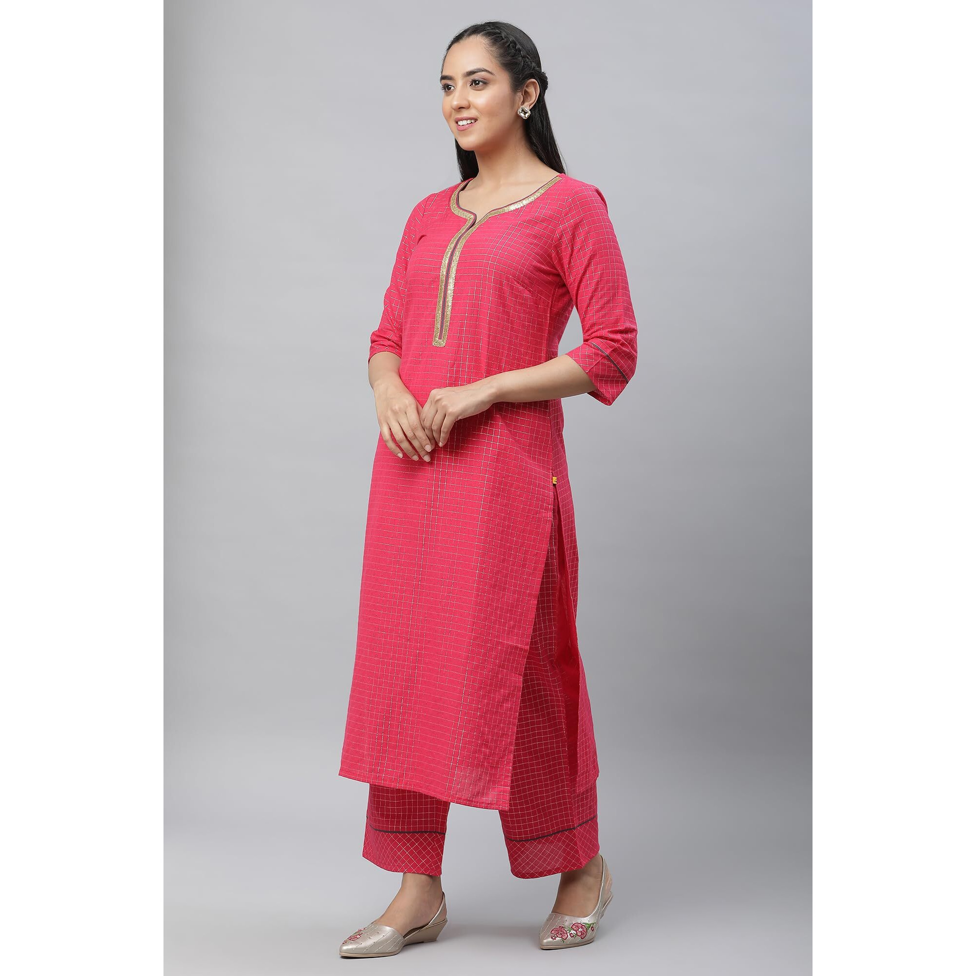 Aurelia Pink Checked Cotton Lace Kurta Dupatta Bottomwear Set