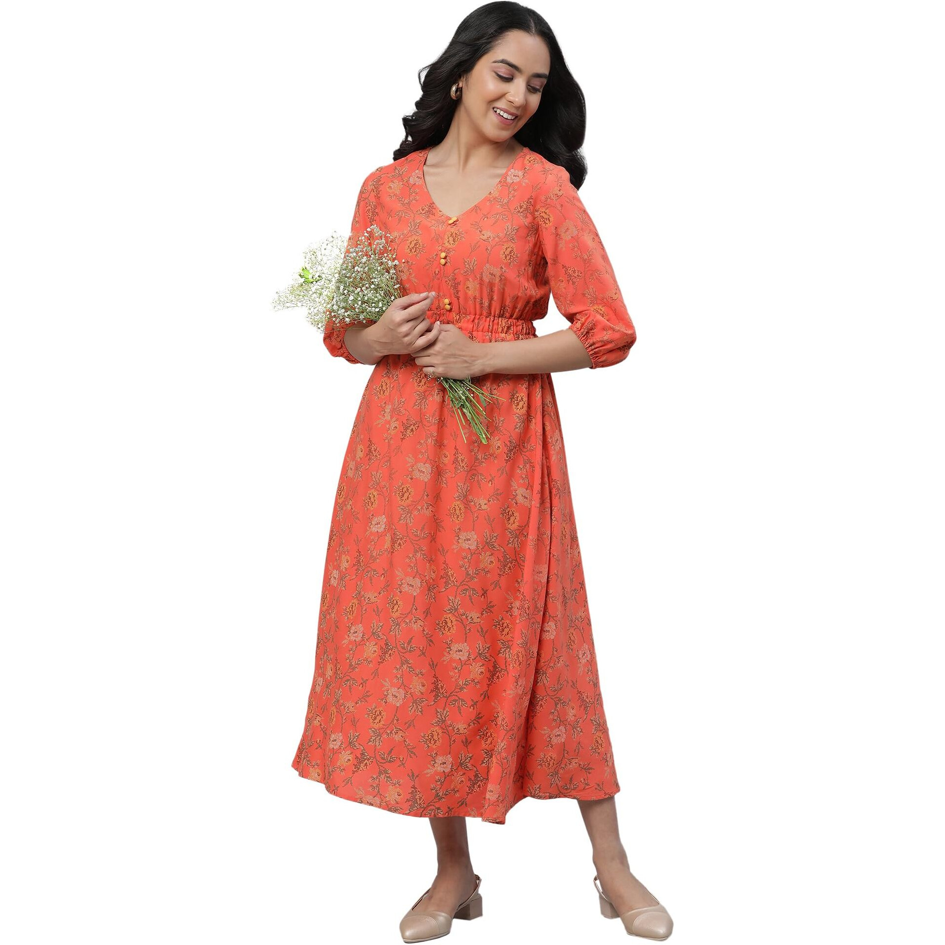 Aurelia Orange Floral Printed Midi Dress For Women