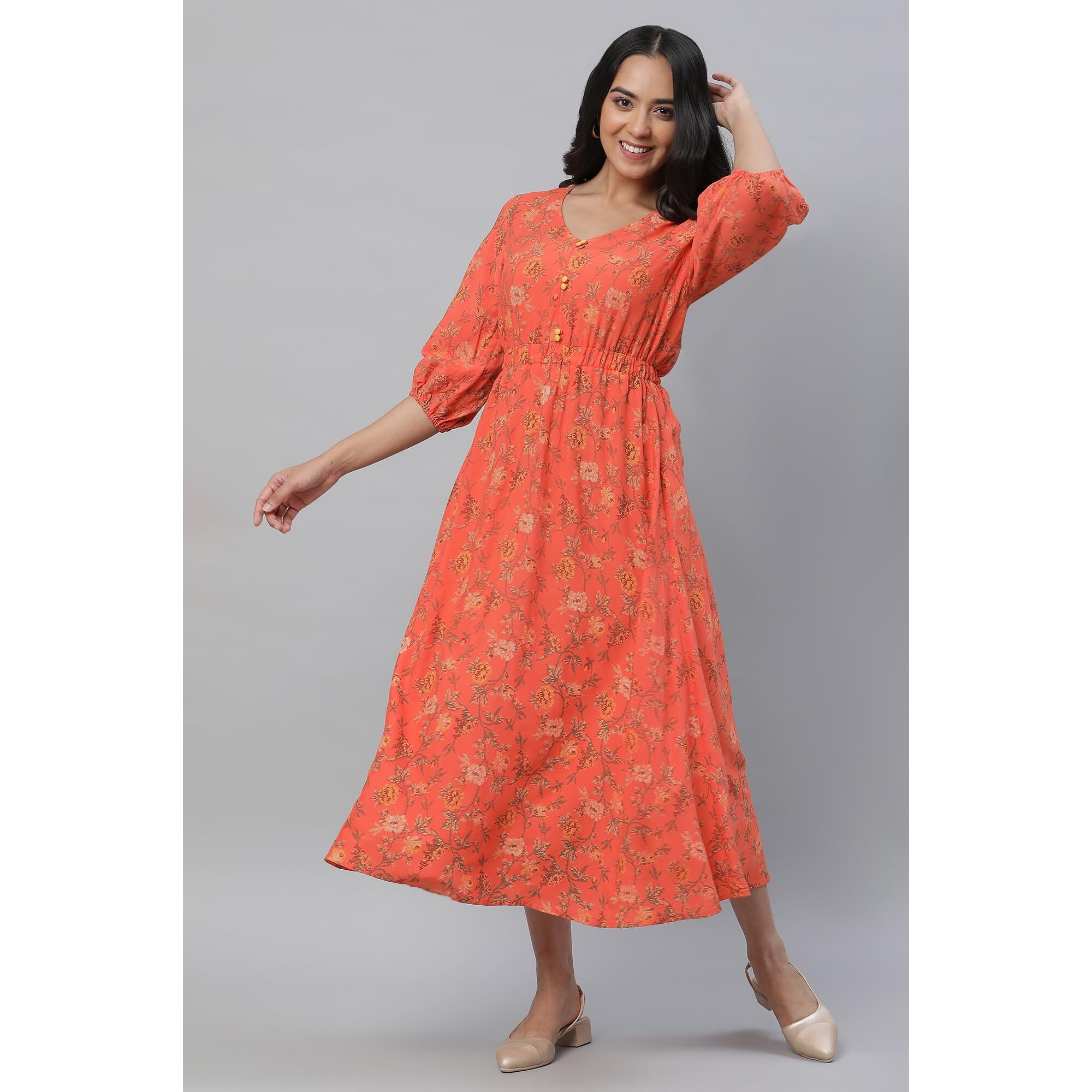 Aurelia Orange Floral Printed Midi Dress For Women