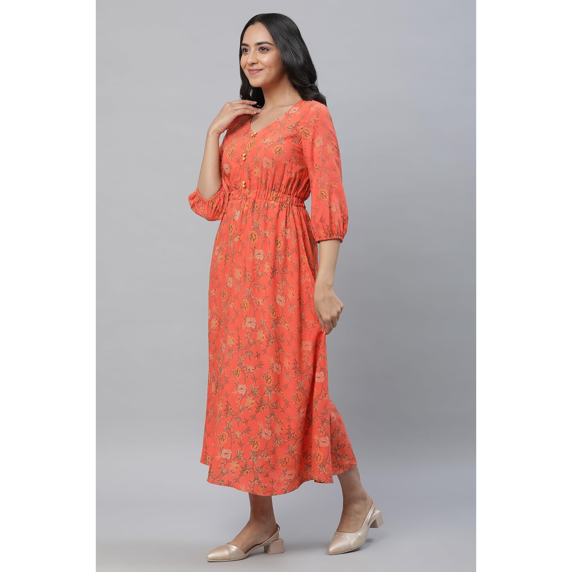 Aurelia Orange Floral Printed Midi Dress For Women