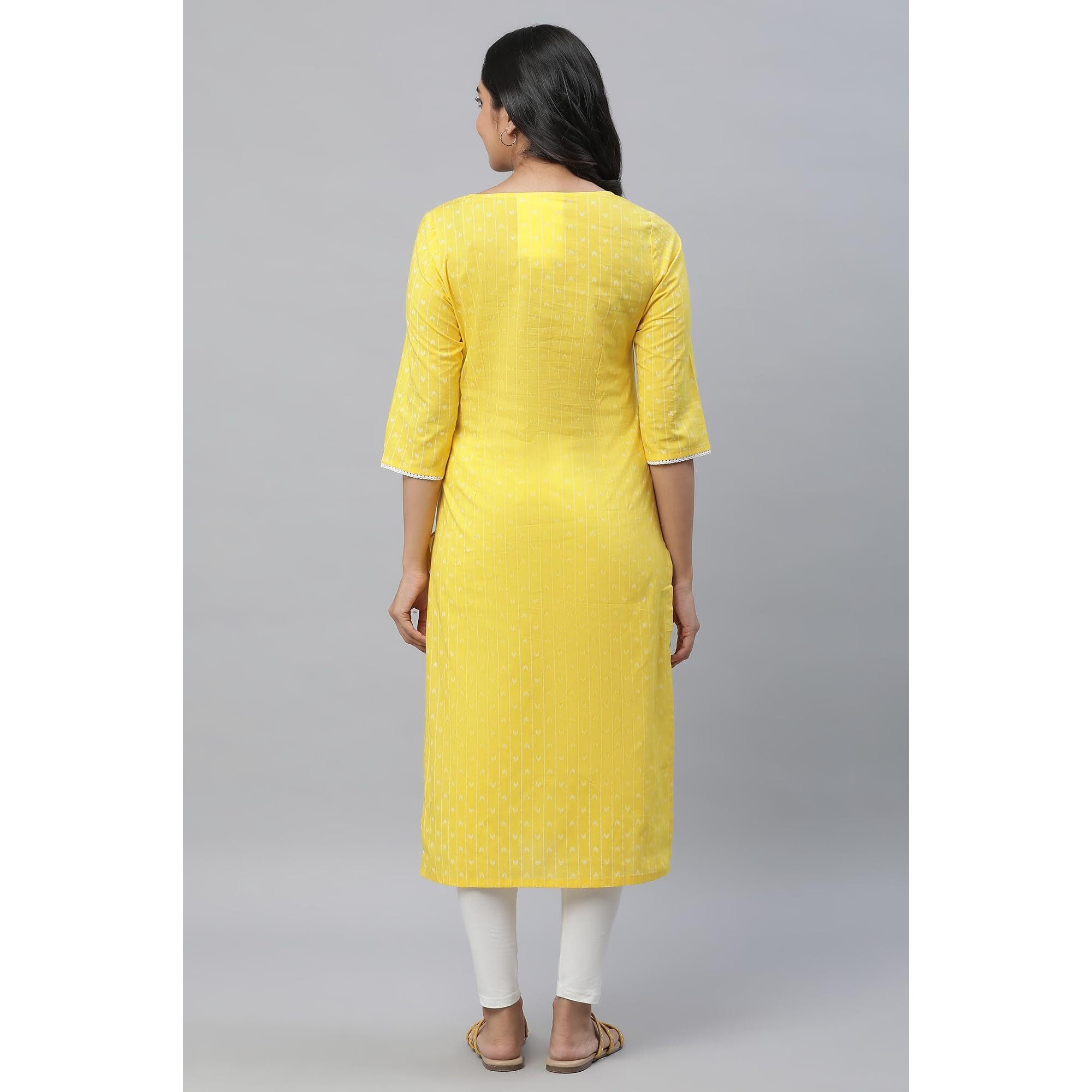 Aurelia Yellow Vertical Striped Cotton Regular Kurta For Women