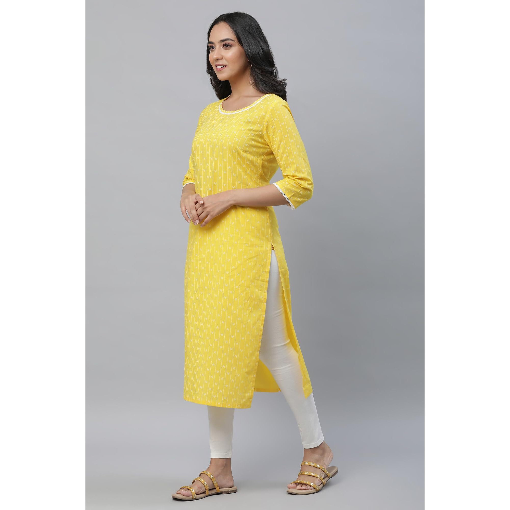 Aurelia Yellow Vertical Striped Cotton Regular Kurta For Women