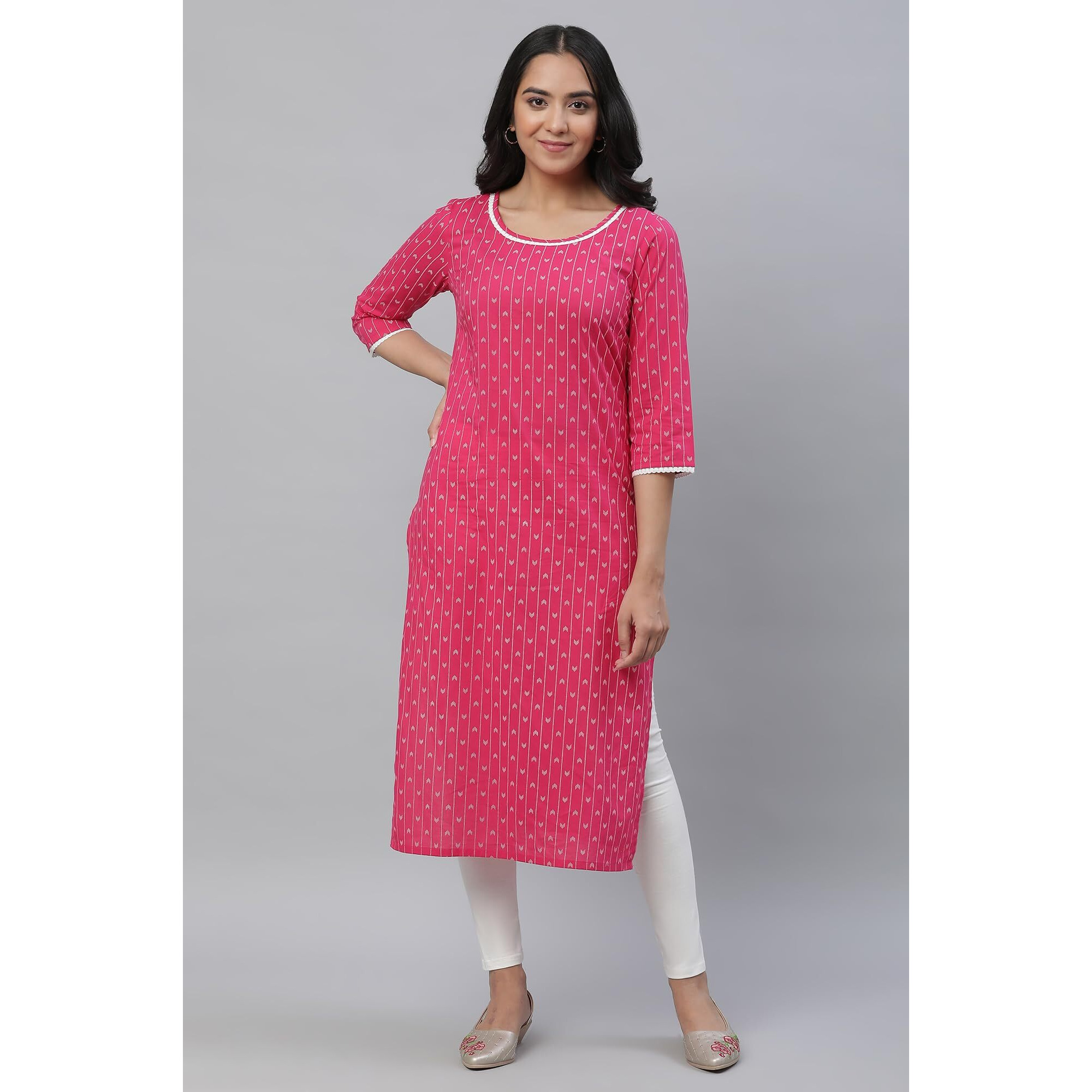 Aurelia Women's Striped Regular Pink Cotton Kurta