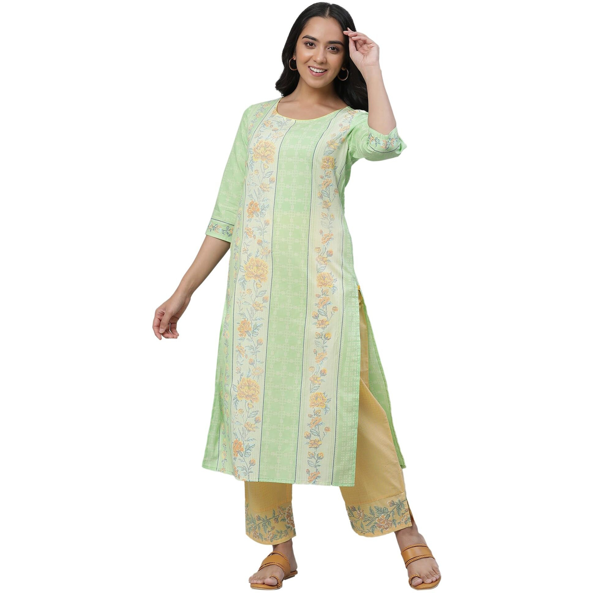 Aurelia Green Floral Printed Printed Cotton Straight Long Kurta For Women