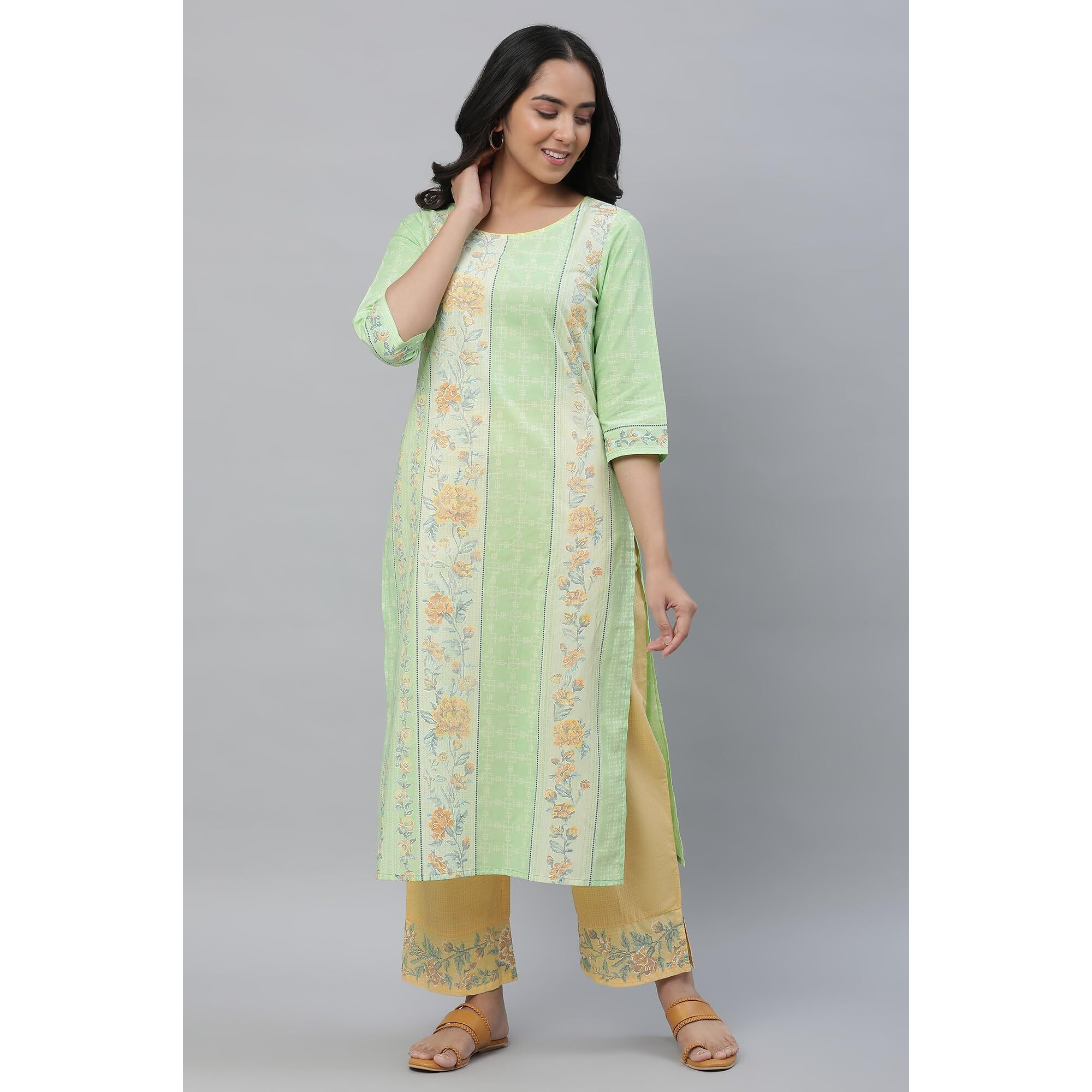 Aurelia Green Floral Printed Printed Cotton Straight Long Kurta For Women